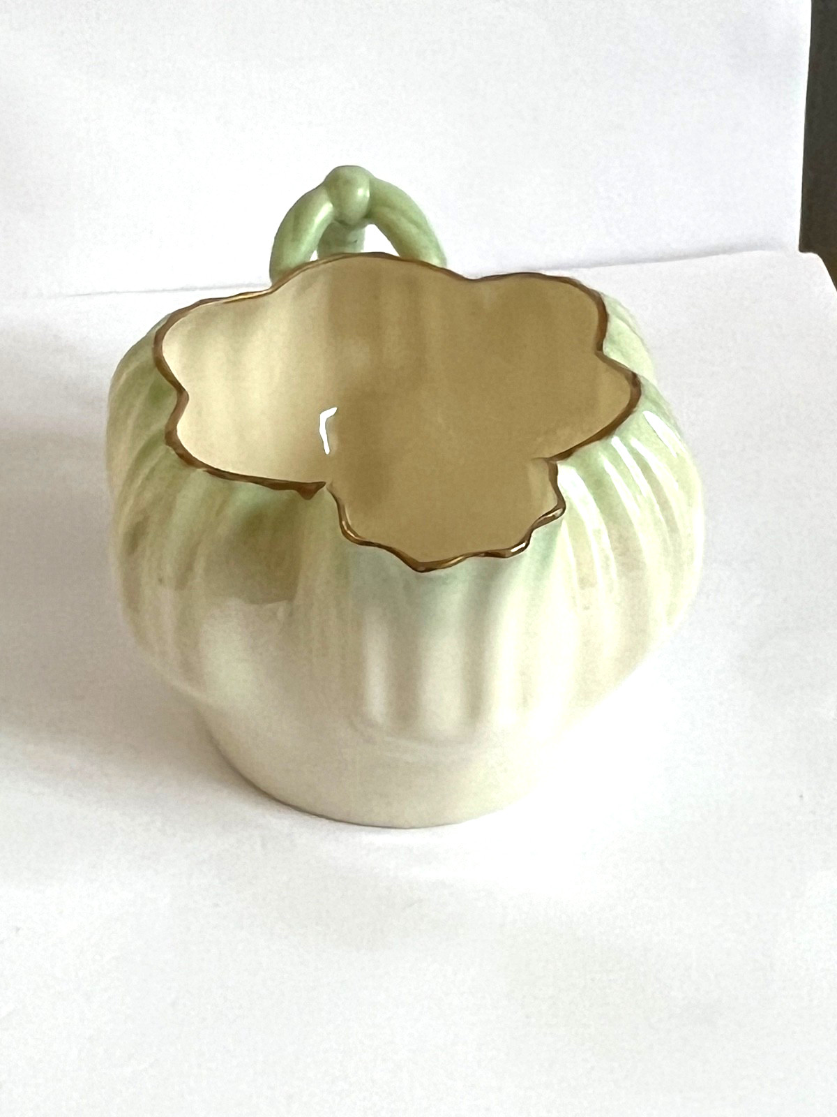 IRISH BELLEEK Creamer & Sugar HEXAGON w/Green Tint & Gilt Edge 2nd Black Mark