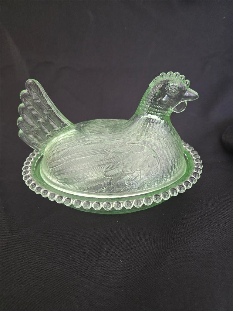 “= Indiana Glass Hen On Nest Pastel Green Candy Dish Beaded Basket Base RARE