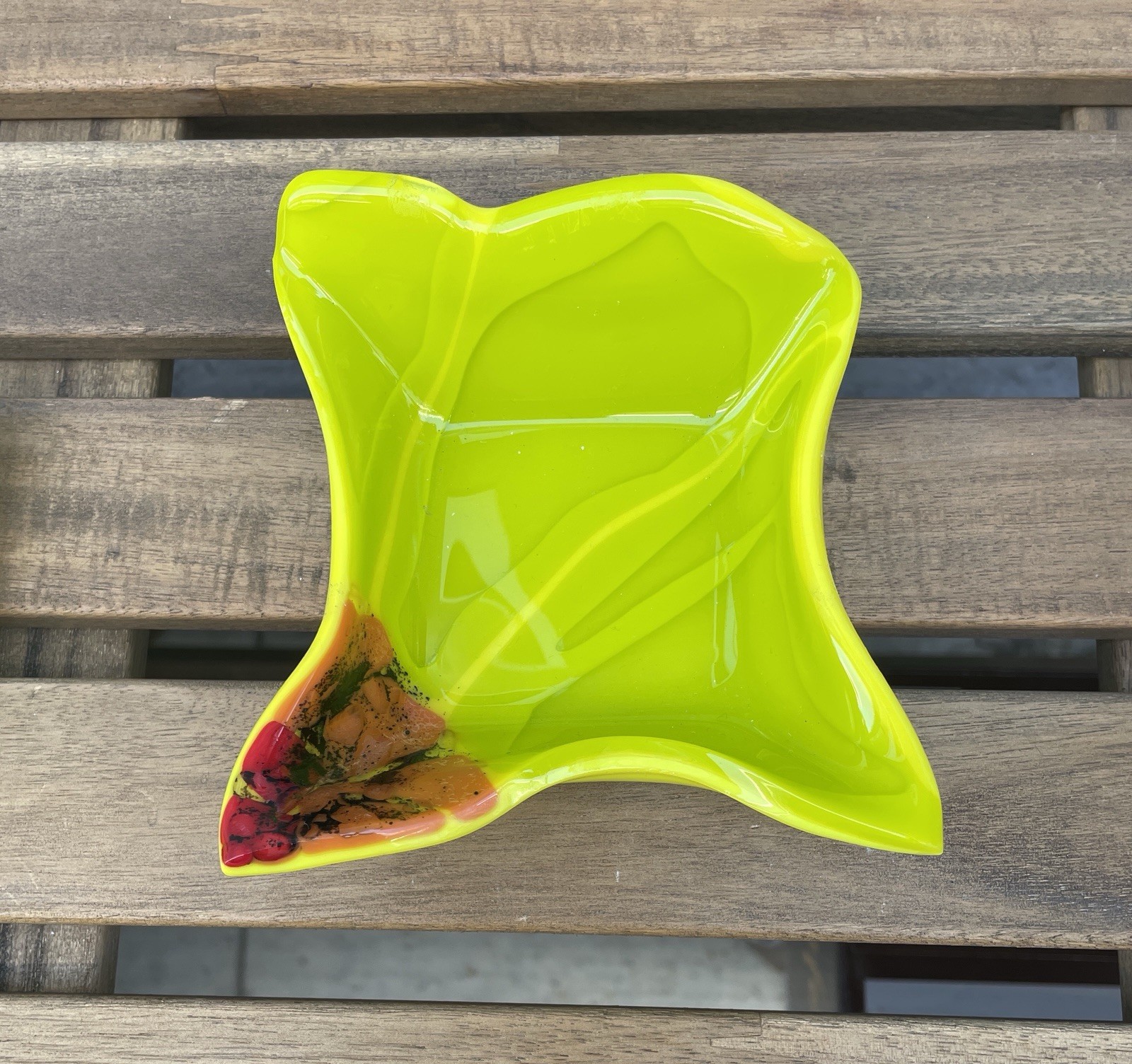 Fused Glass Platter Set – Chartreuse Orange and Red Accents – Signed by artist