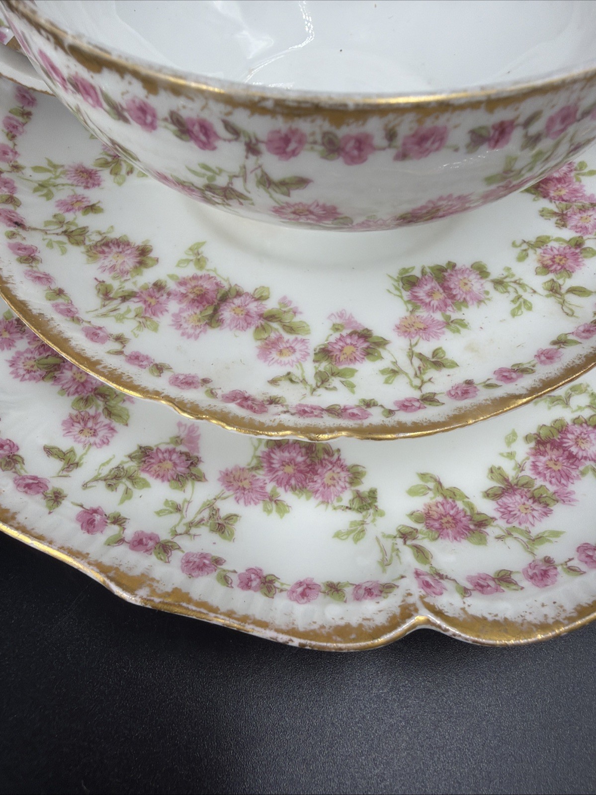 Gerard Dufraisseix Abbot LIMOGES Rose Garland Cup Saucer Plate 3 PC GDA88 France