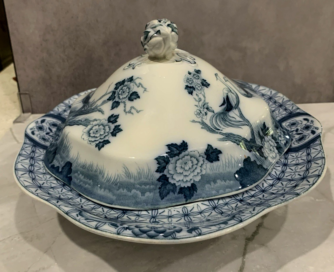 Antique Johnson Bros MONGOLIA Gray Blue Transferware Oval Covered Serving Bowl