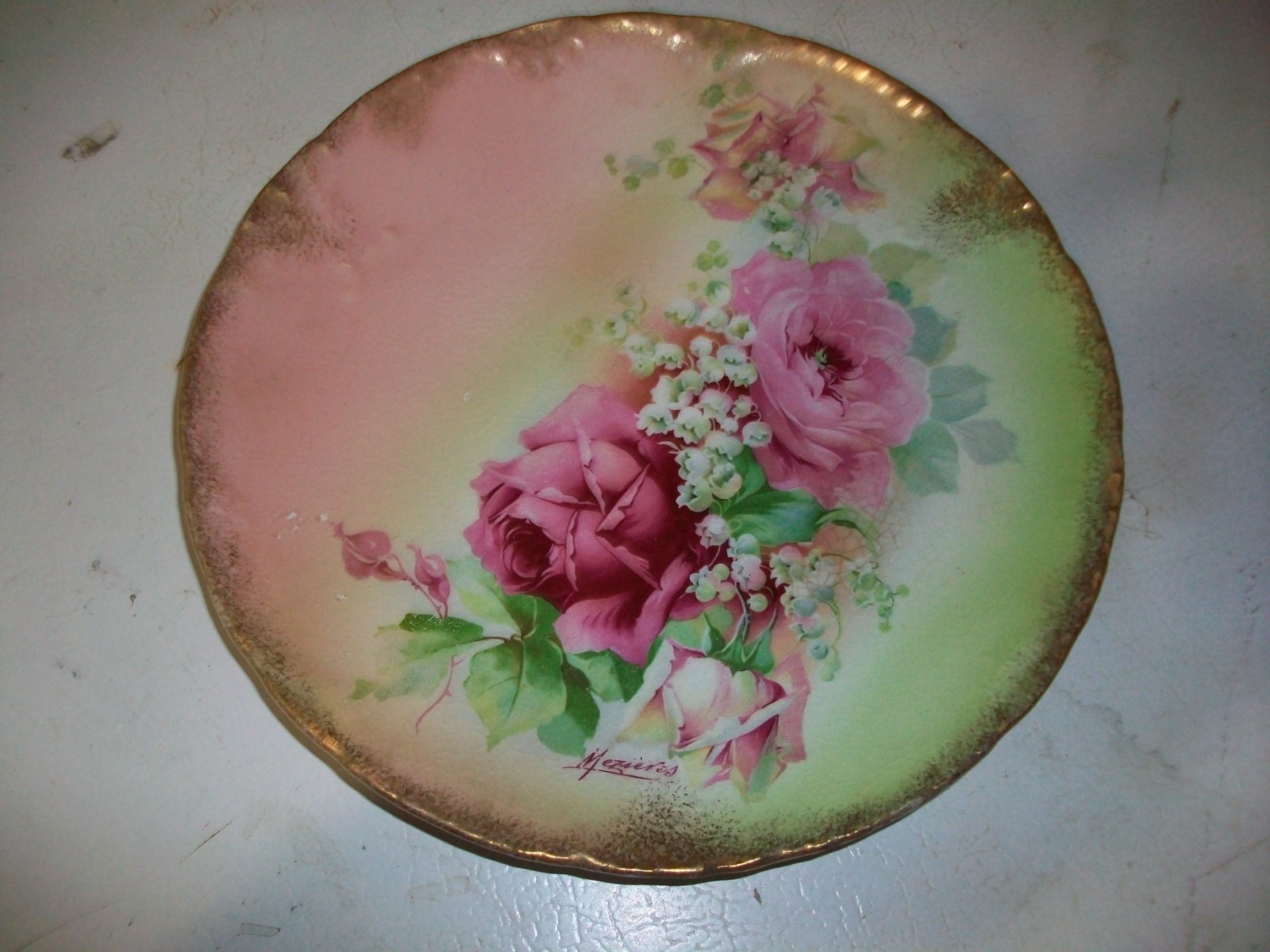 Antique French Limoges Porcelain Plate 8.5″-signed Mezieres-Pink roses 1900’s