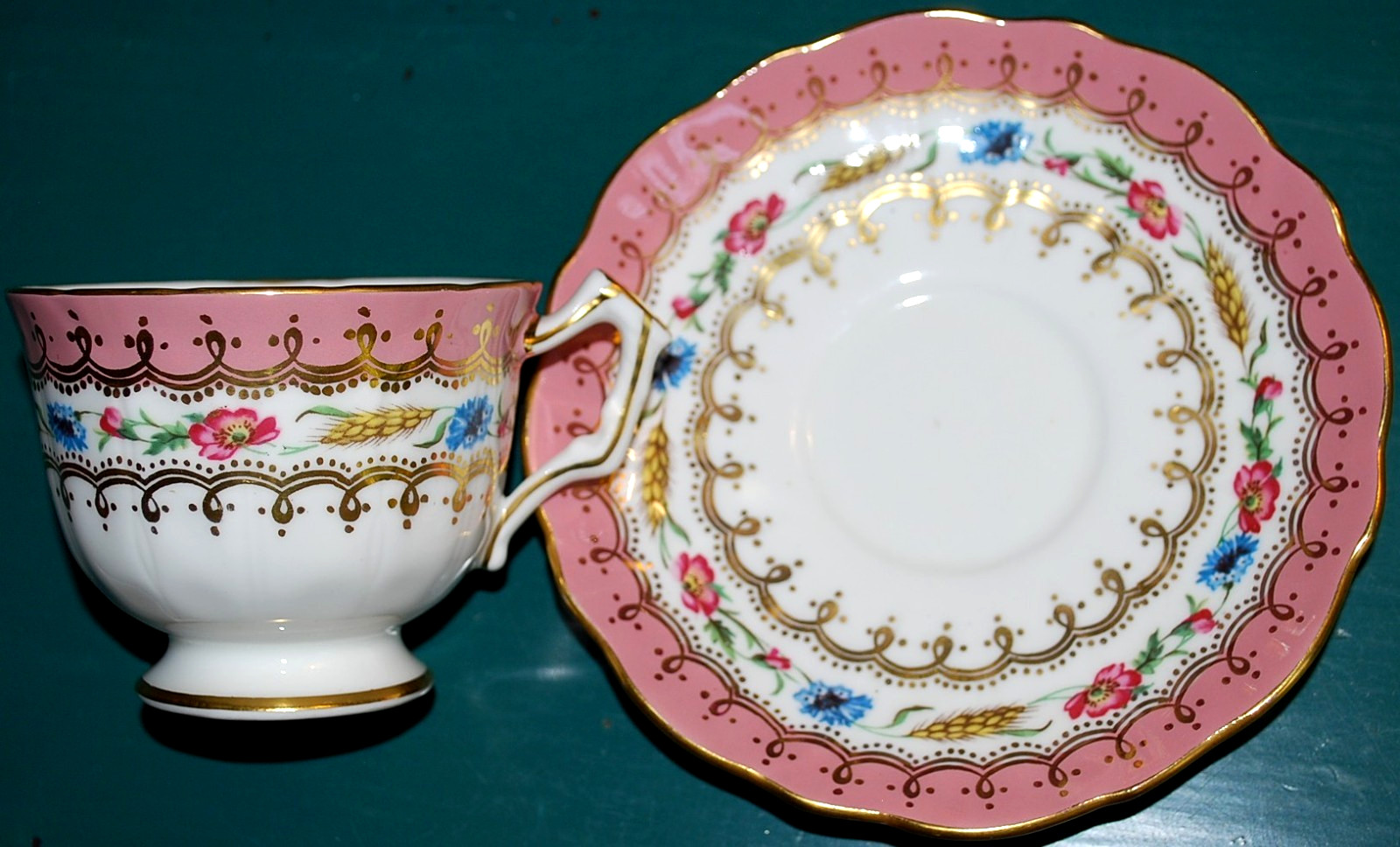 Vtg AYNSLEY ENGLAND Footed Teacup & Saucer HARVEST WHEAT/PINK FLORAL Bone China