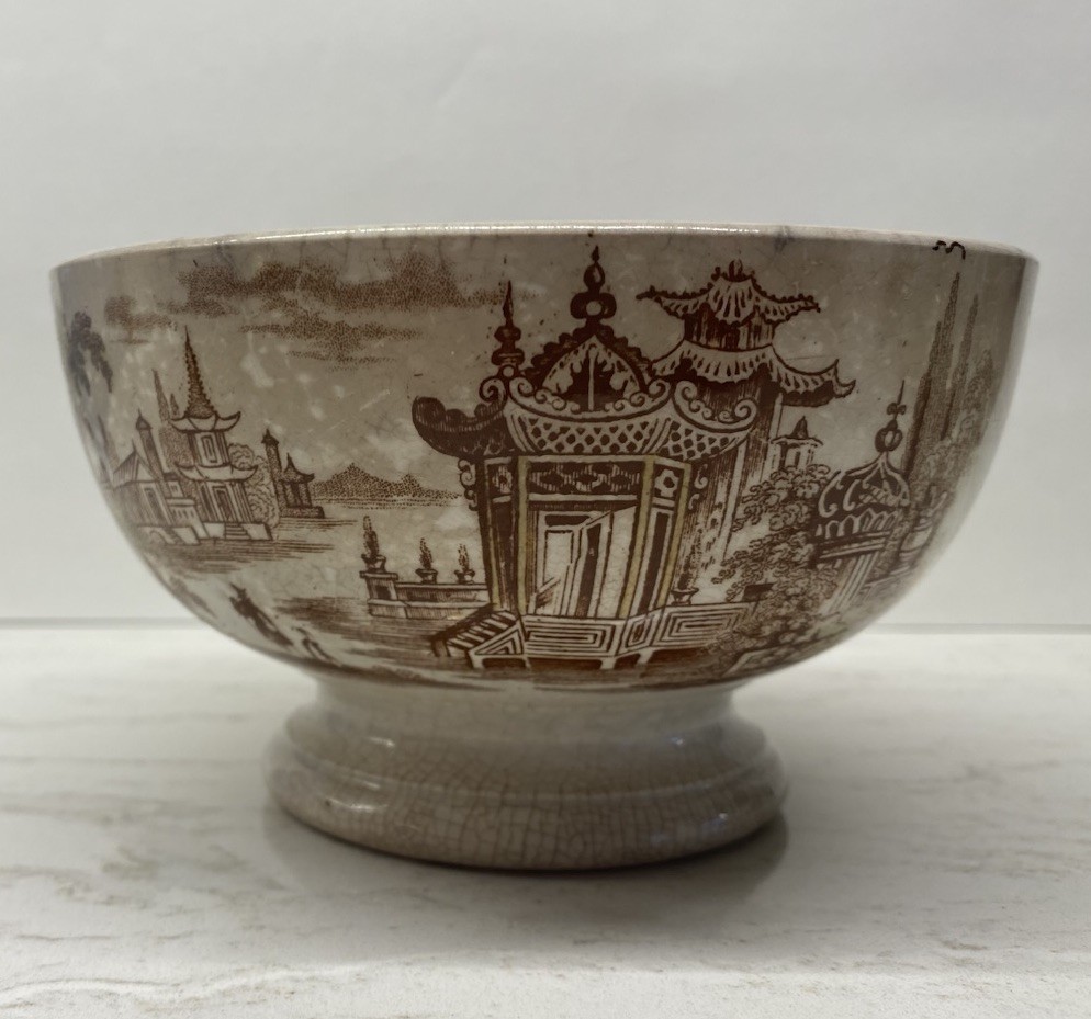 Antique Chinoiserie Brown Transferware Tea Waste Bowl Possibly Staffordshire