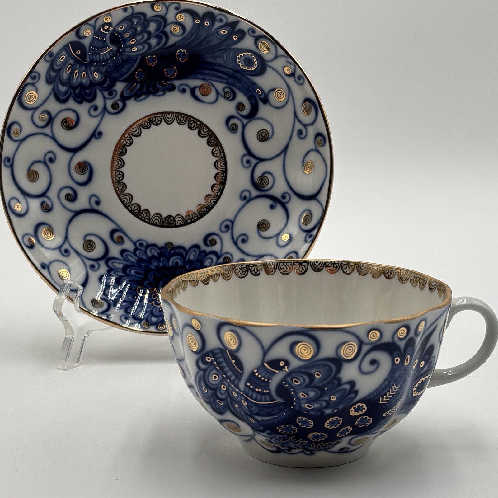 Lomonosov Imperial Porcelain Tea Cup & Saucer Magic Fire Bird Pattern 22K Gold