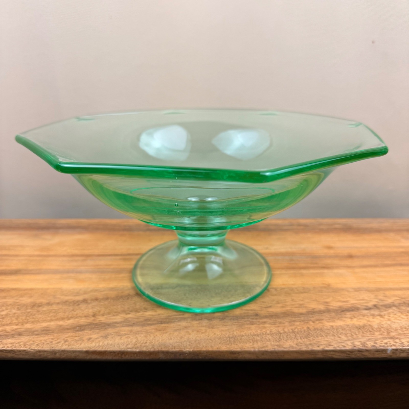 Vintage Green Uranium Glass Hexagon Pedestal Bowl UV Glow Depression Glass 10″