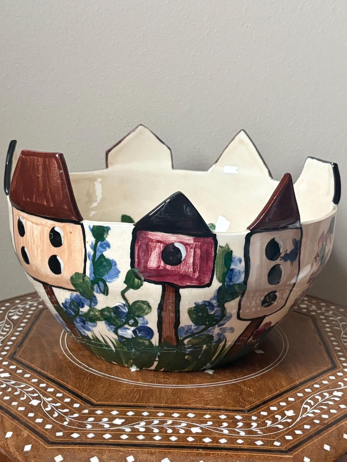 Vintage 1997 Expressly Yours Large Ceramic Serving Bowl Birdhouses