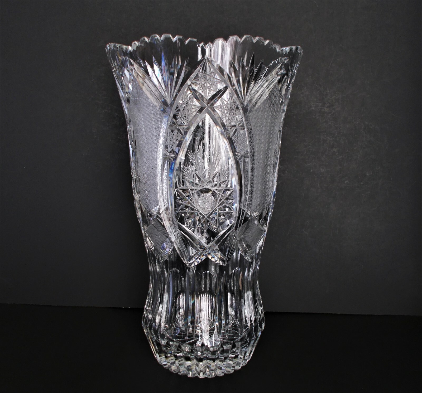LARGE 16″Tall x 9 1/2″ Top x 5 1/2″ Base ABP Cut Glass Vase – 14 Pounds Heavy