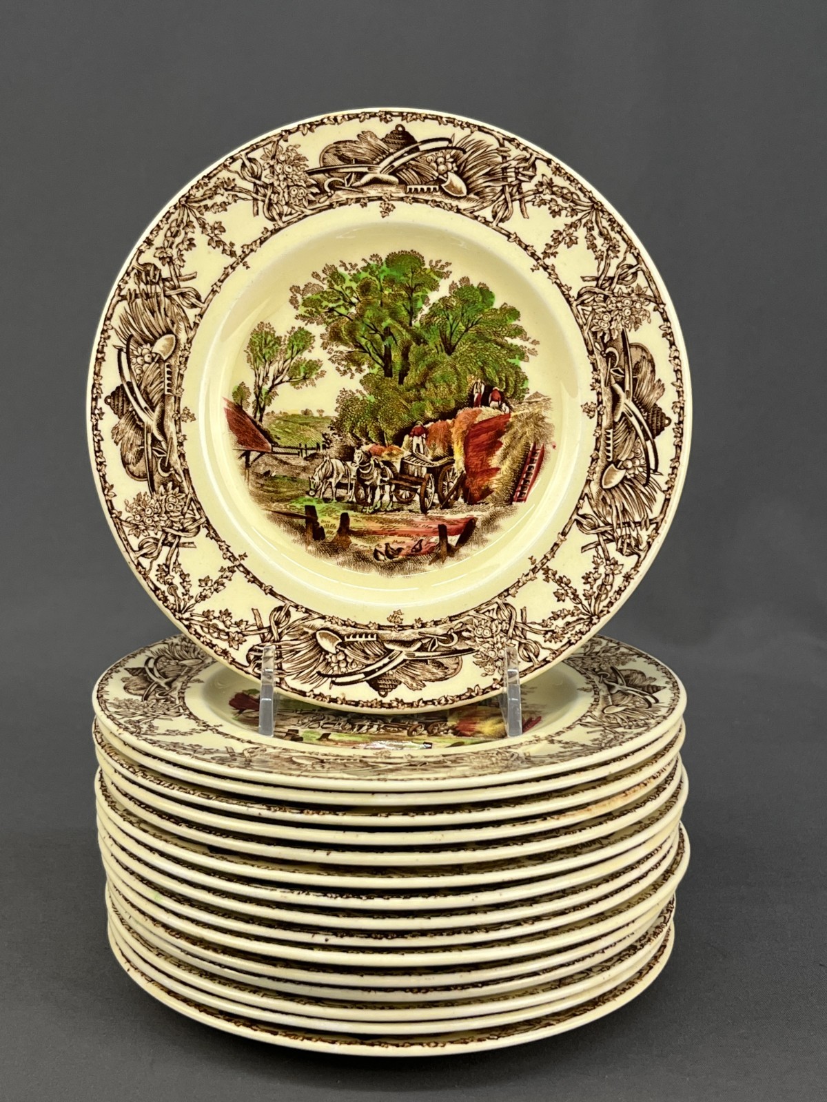 16 Arthur J Wilkinson RURAL SCENES Brown Multicolor Transfer 6 1/2″ Bread Plates