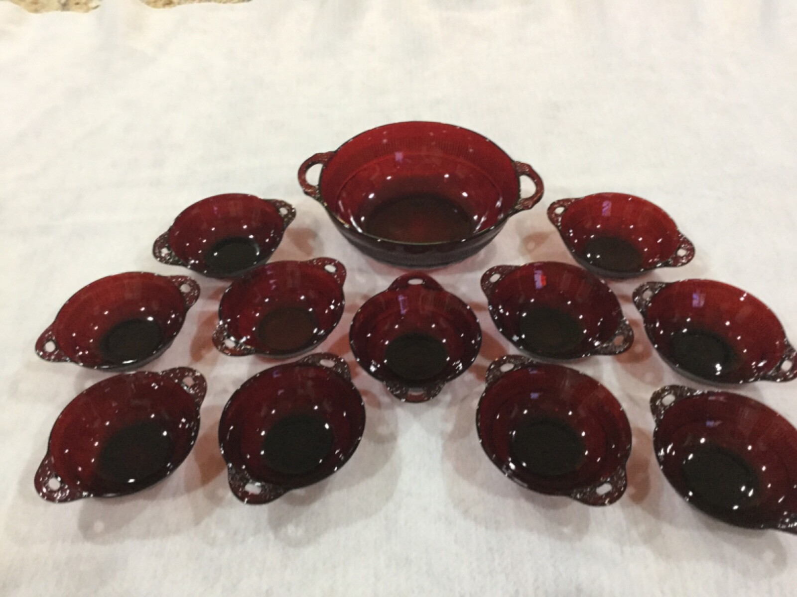 Beautiful twelve piece set of Royal Ruby bowls in “Coronation” pattern- Hocking