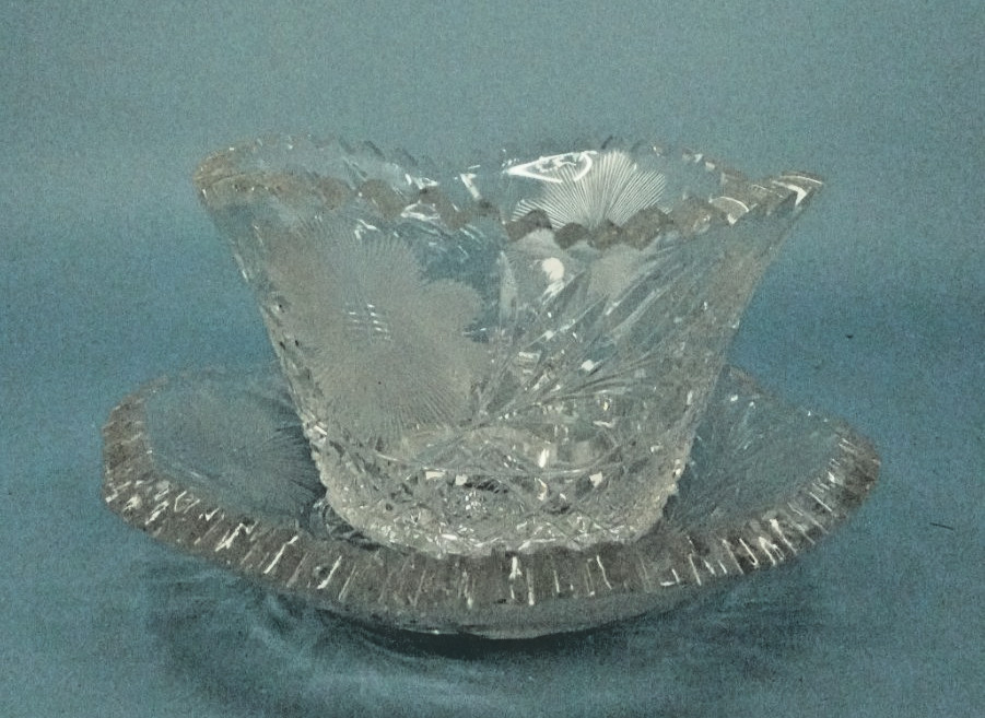 Antique American brilliant Period Cut Glass Mayonnaise Bowl w/ Under Plate