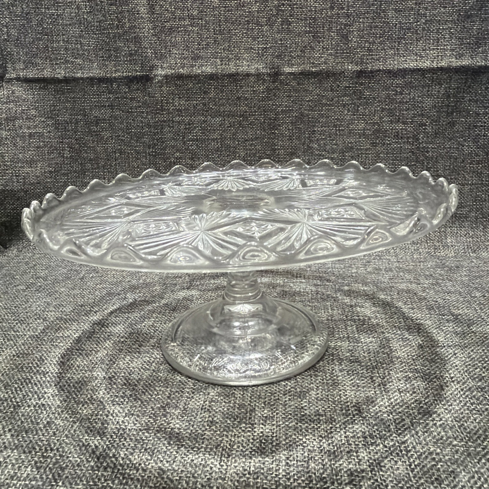 EAPG Bryce Higbee Melrose Cake Stand Sheaf and Diamond Clear Glass 1894 UV Glow