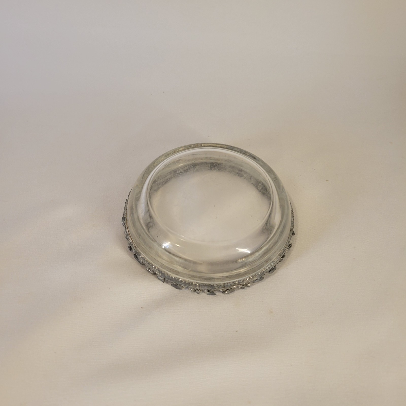 Vintage Clear Glass Ring Dish with Decorative Metal Flower Border