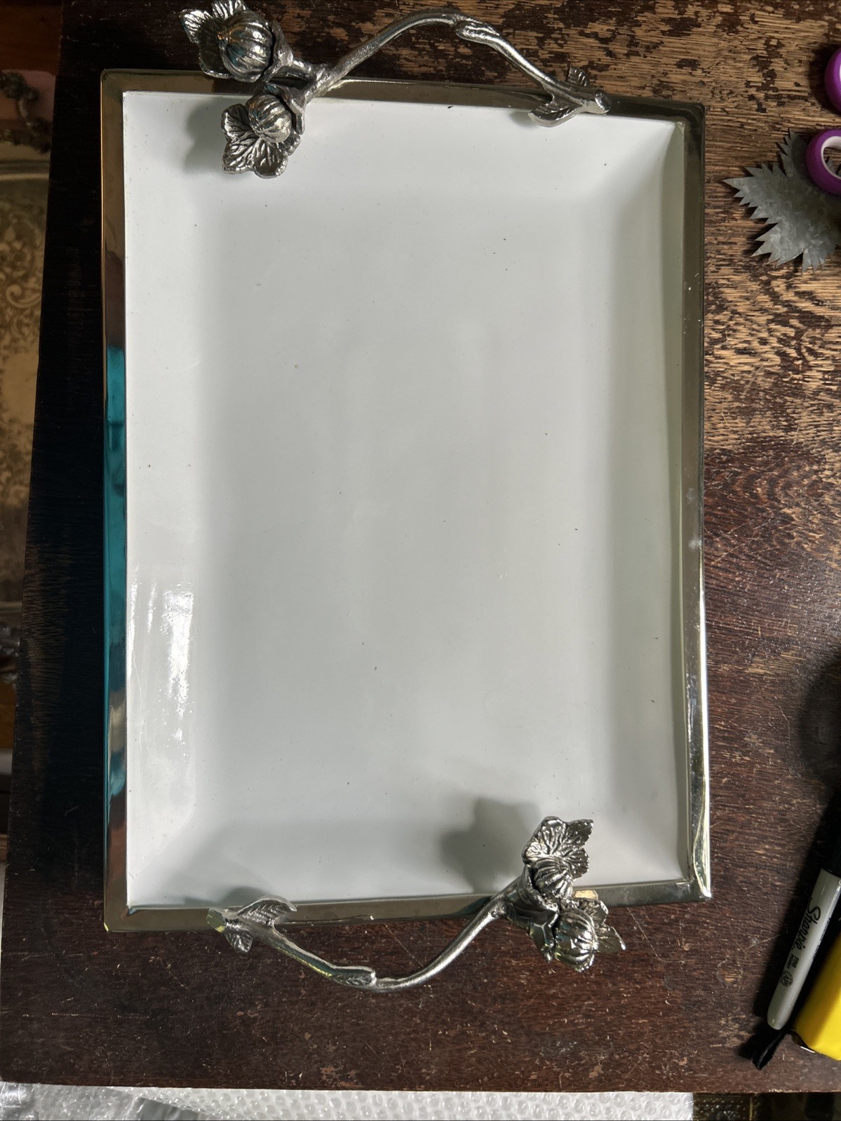 Williams Sonoma Autumn Vine rectangular serving platter w/ pewter handles