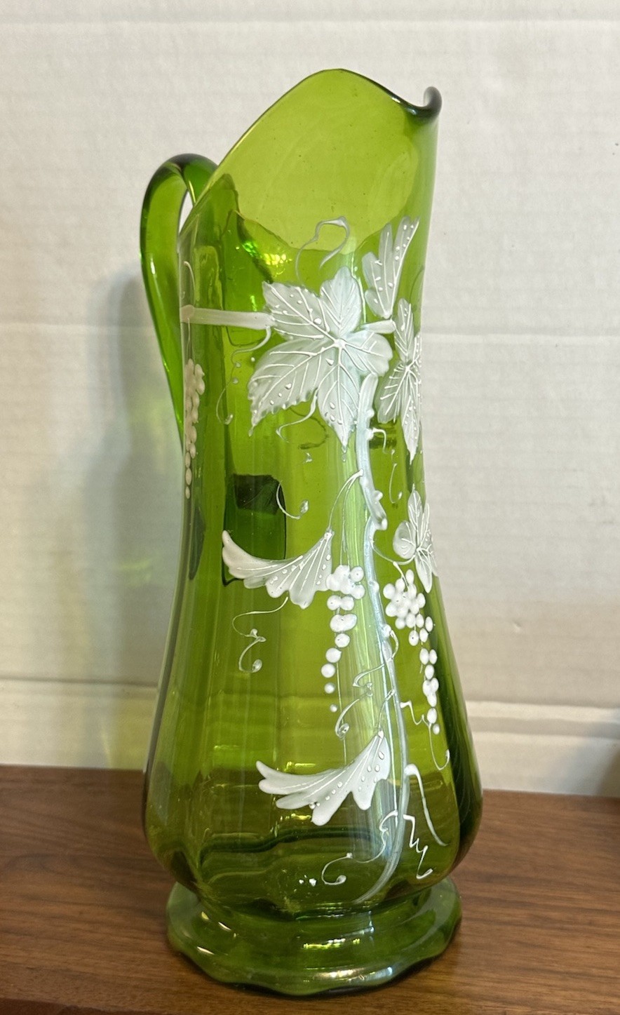Antique Victorian Green Glass Hand Blown Pitcher 3-D Enamel Work Grape Vines