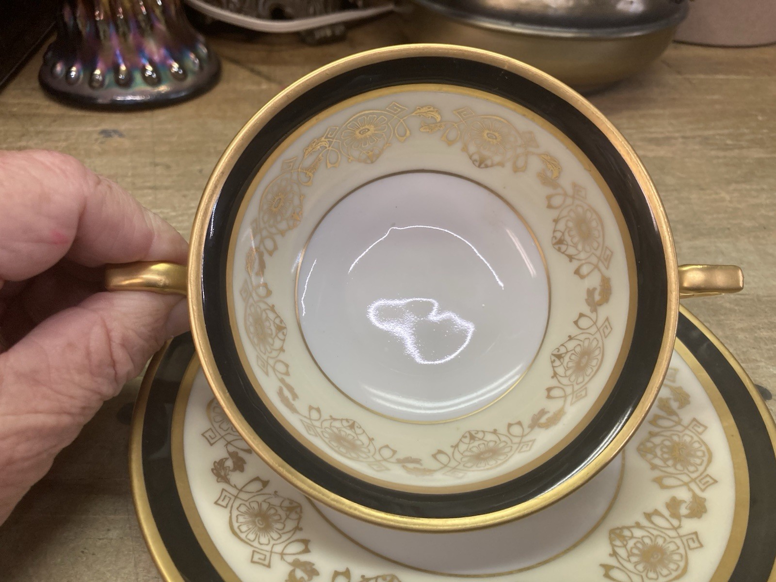 Thomas Bavaria / Pickard China Black And Gold Bullion Soup Cup With Saucer
