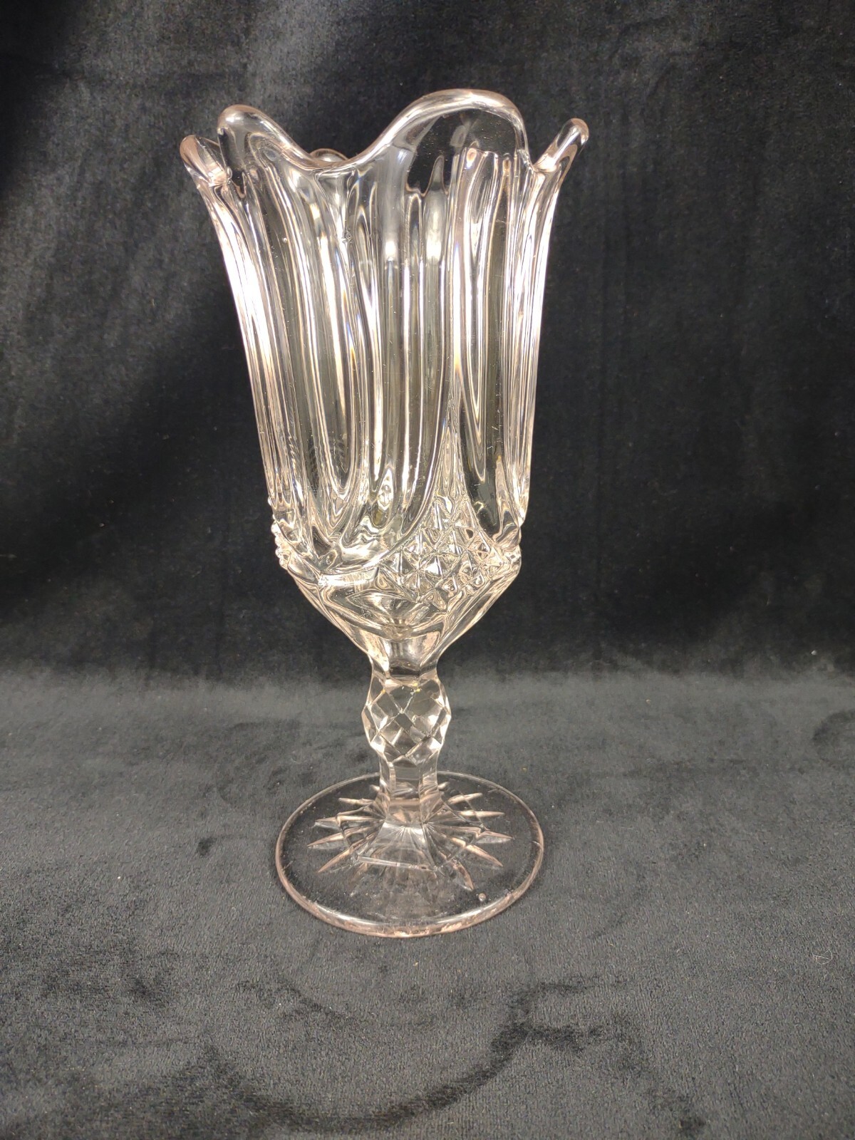 EAPG Glass Tulip & Sawtooth 9 3/4″ Celery Vase 1854 Bryce Sun Changed Pink