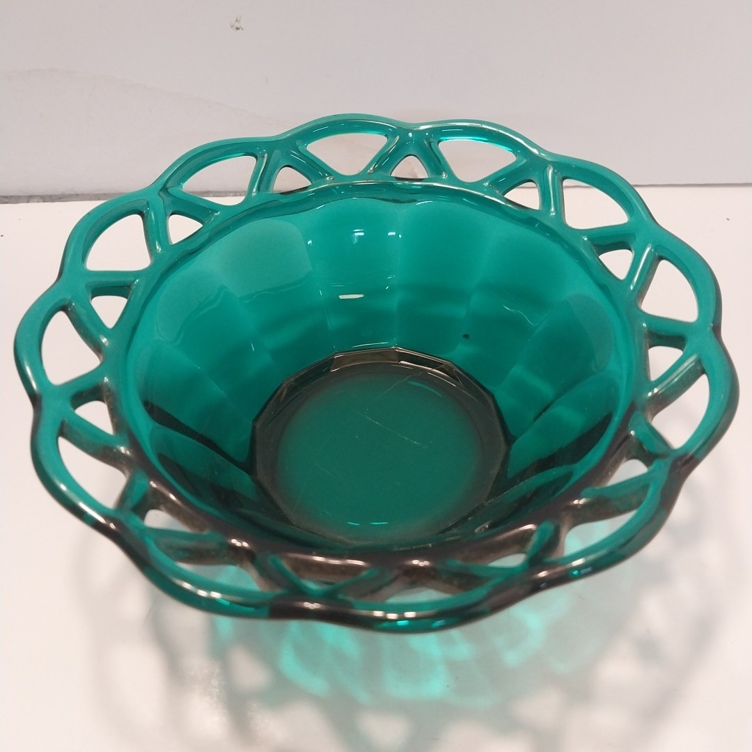 Vintage Dark Teal Green Glass Imperial Lace Bowl Dish Filigree