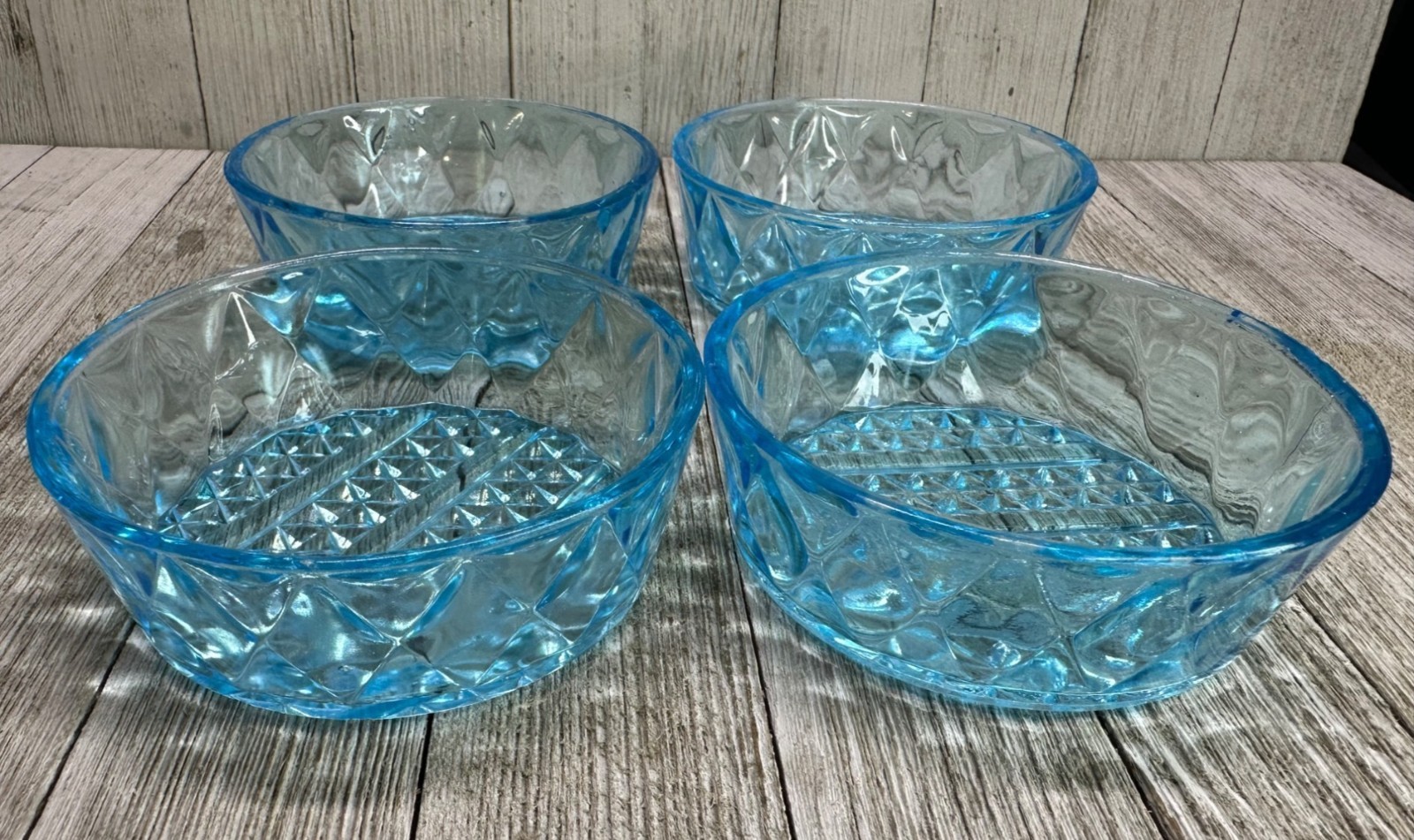 Vtg EAPG Bryce Brothers Style Ramekin Bowls 4″ DIA Diamond Blue Glass Set of 4