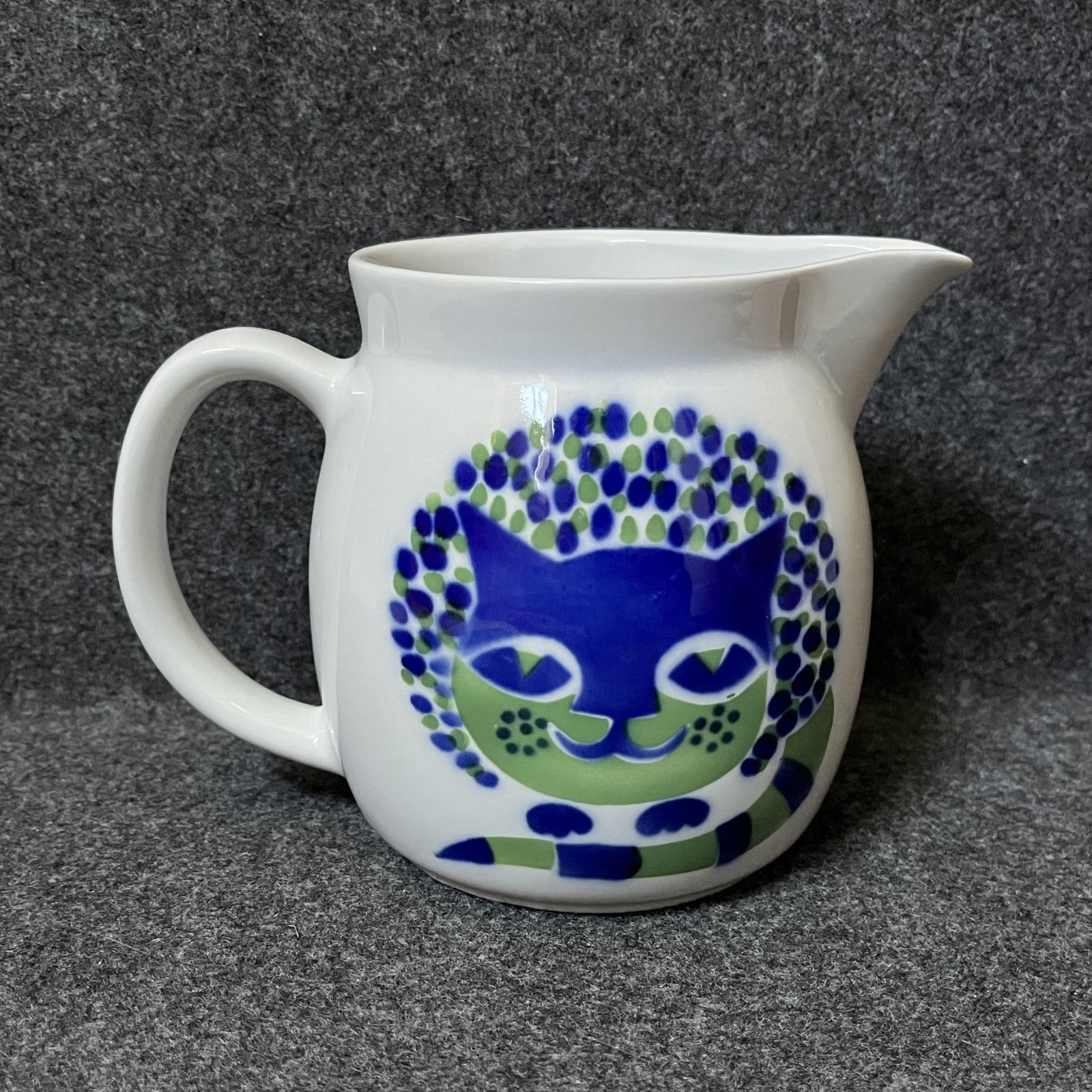 Arabia Ceramic Creamer Pitcher Cat Blue Green Kaj Franck Finland Vintage * READ