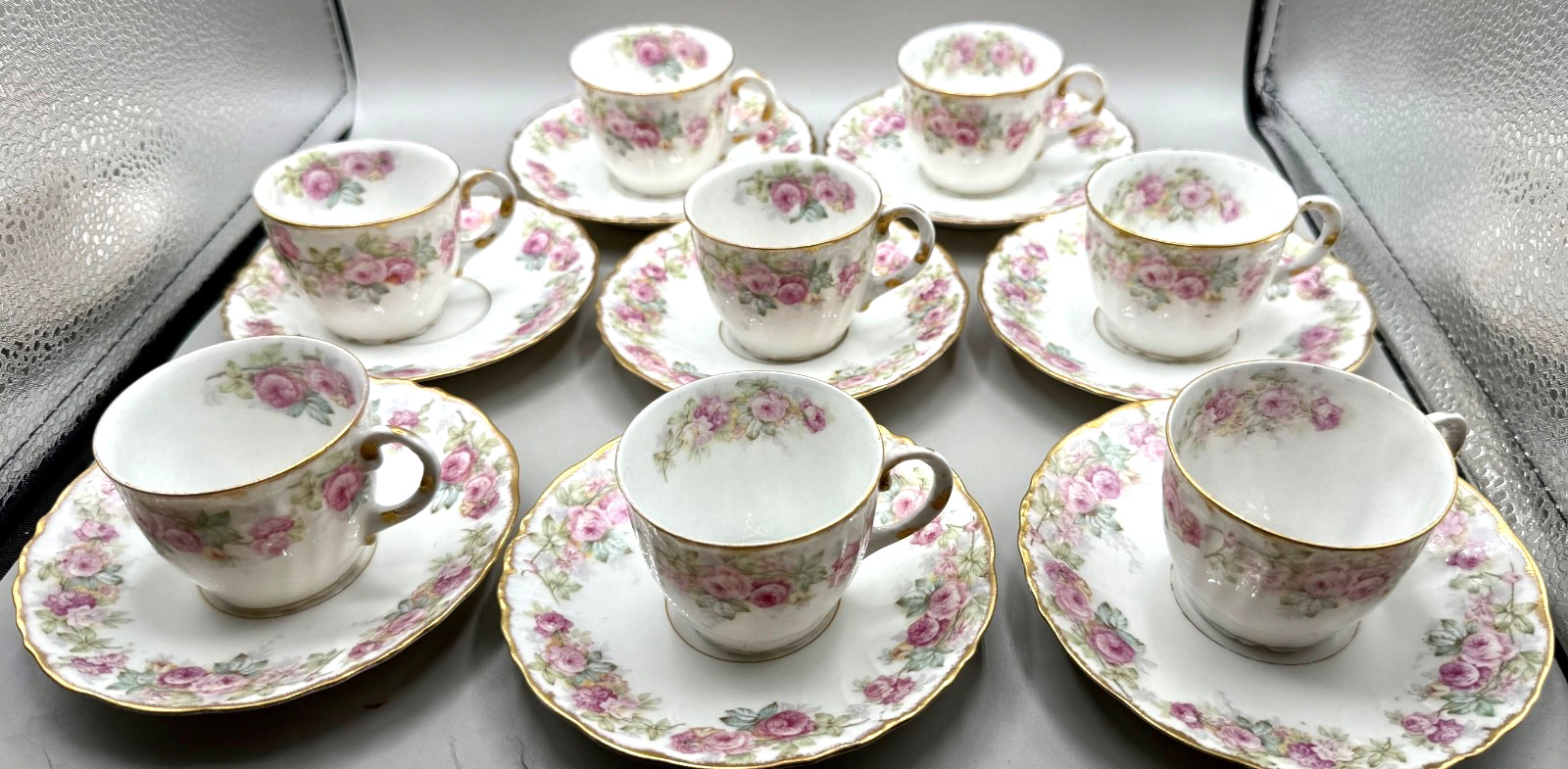 ANTIQUE LIMOGES DEMITASSE SET CUP SAUCER 16PC PINK ROSE FLOWER GARLAND FRANCE