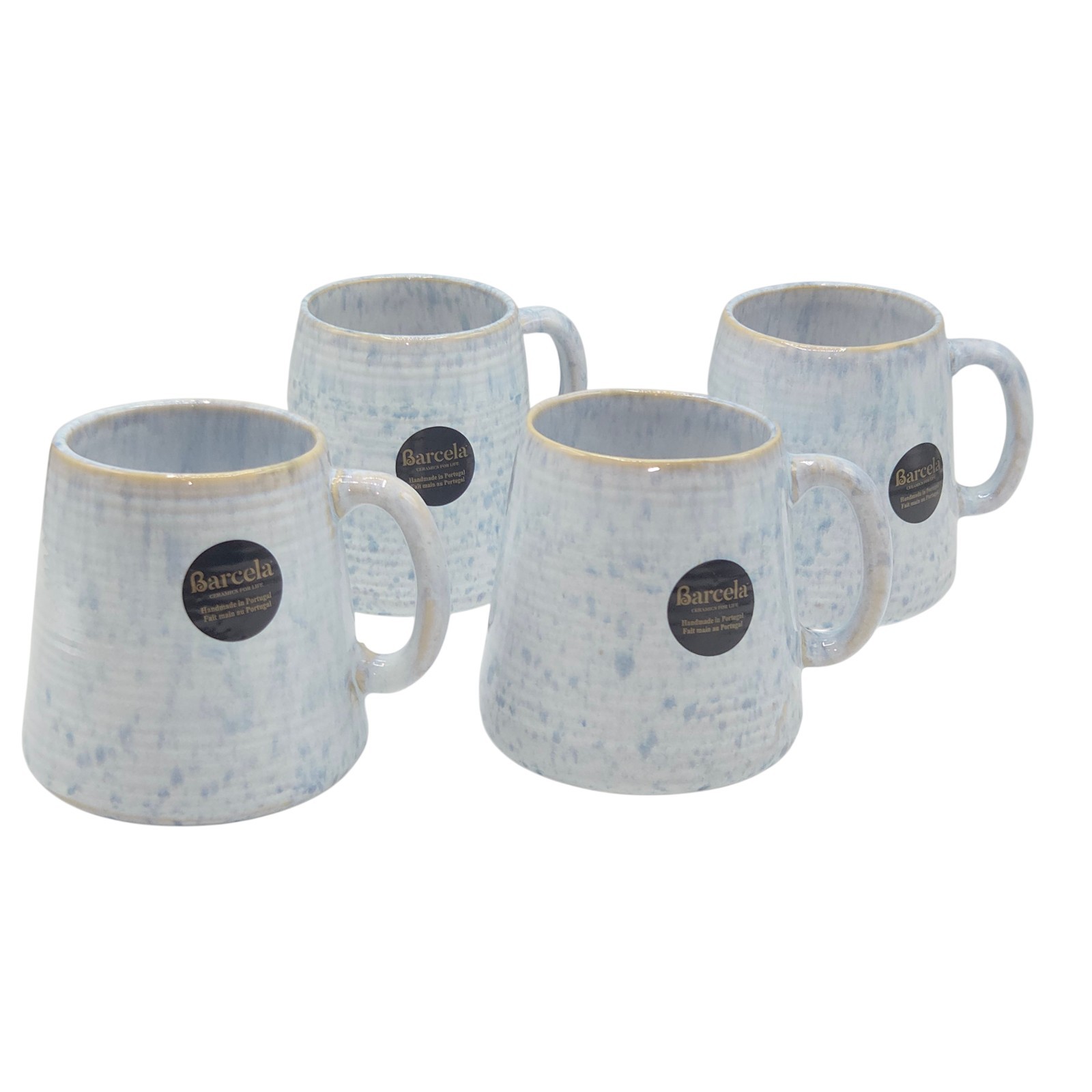Barcela Handmade Stoneware Mug Set 4 White Blue Reactive Speckled Glaze Portugal