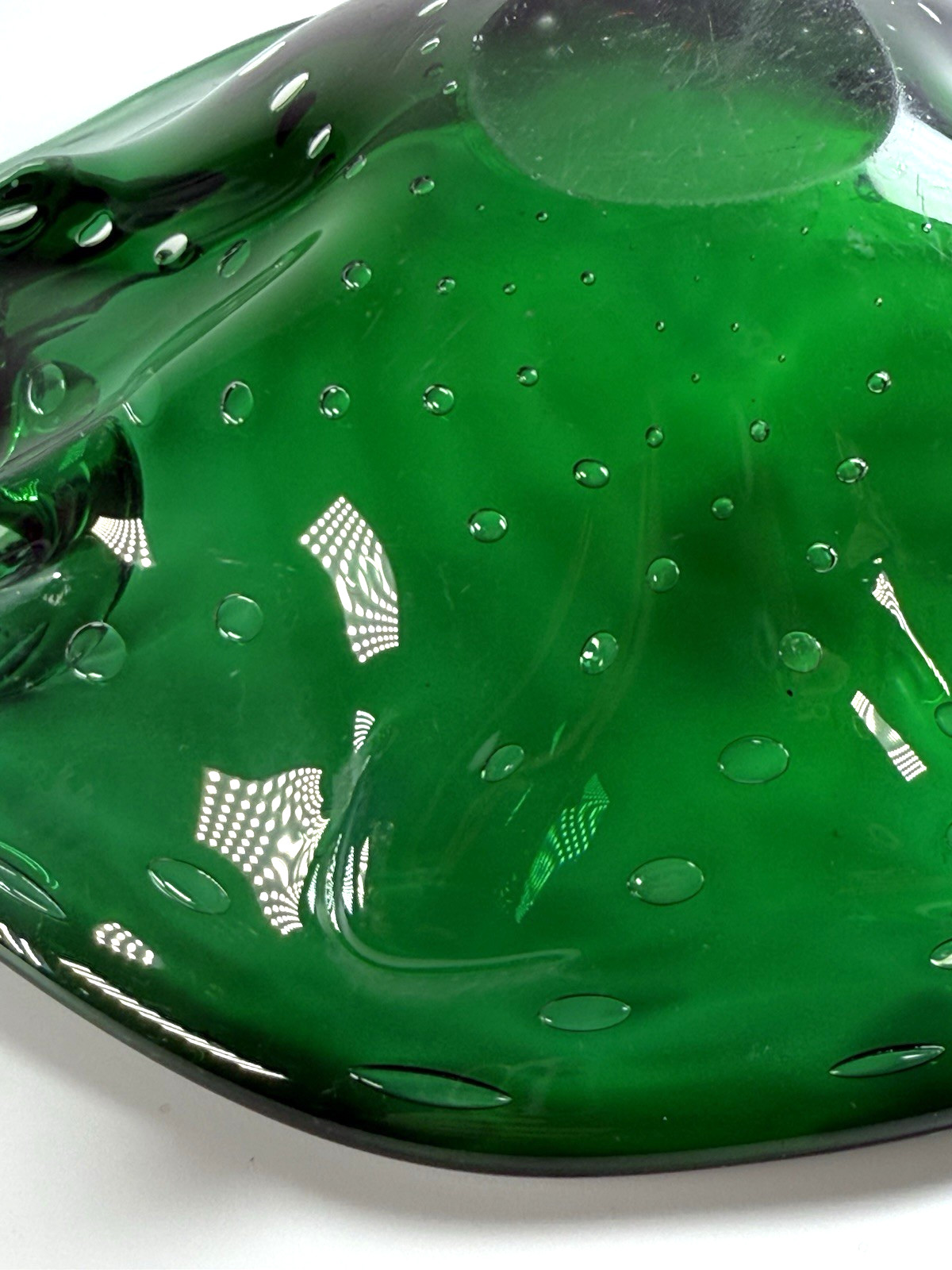 Hand Blown Controlled Bubble Dark Green Thick Glass Decor Bowl