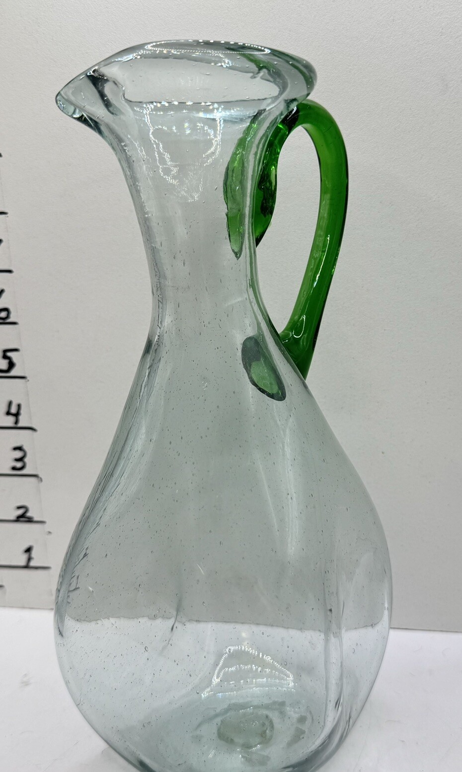 Old Art Deco Hand Blown Glass Pitcher Asymmetrical Sides Almost 10” Tall