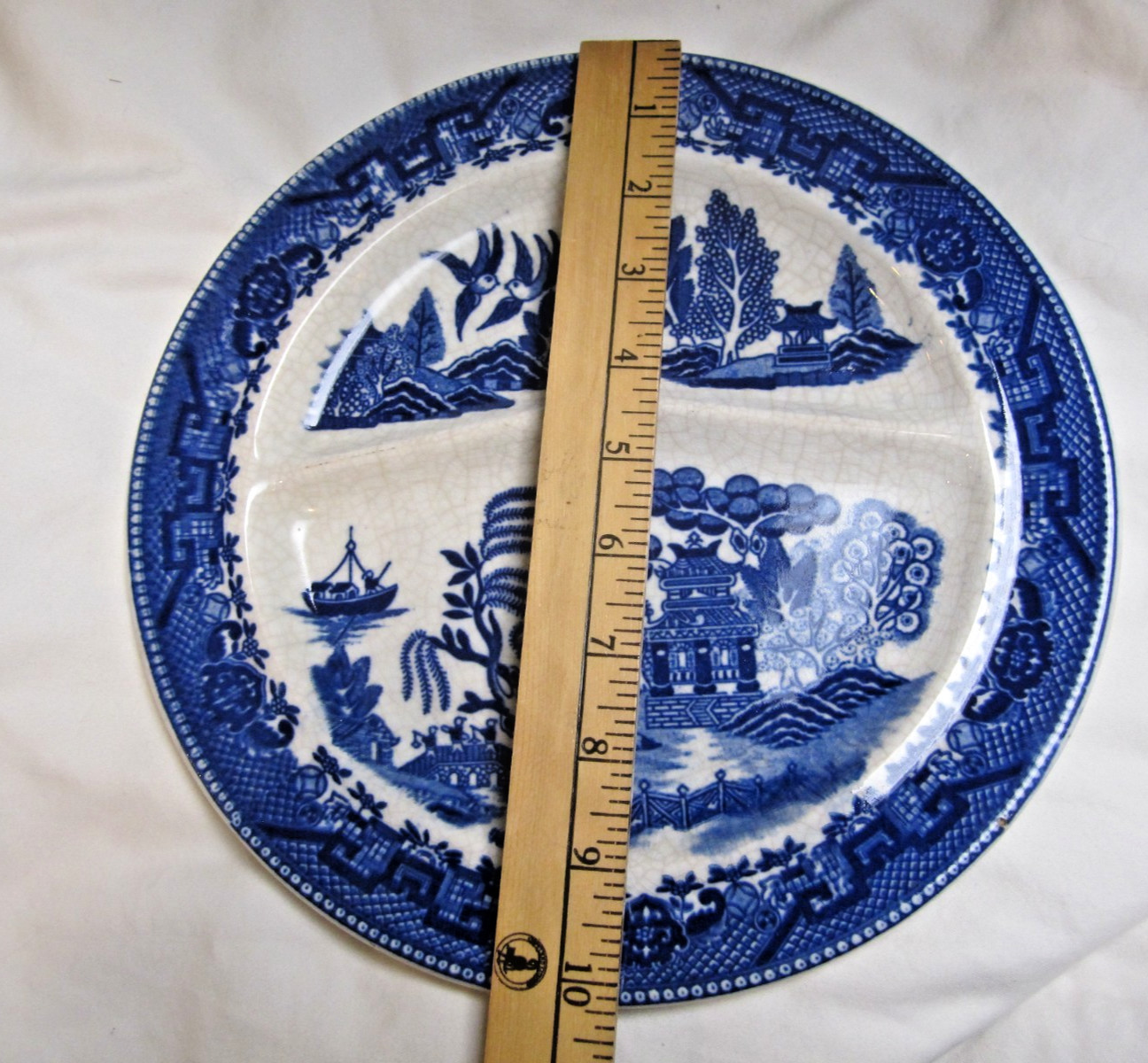 Vtg Rare Made in Occupied Japan Motjama Blue Willow Divided Dinner Plate 10-1/4″