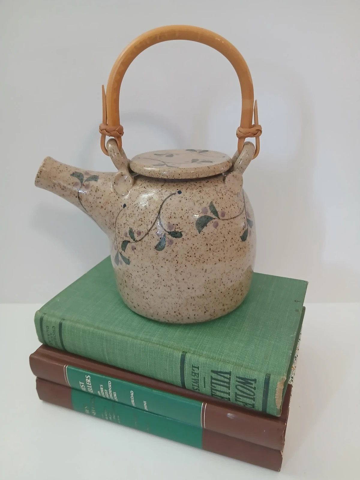 90s Cottagecore Speckled Stoneware Teapot with Bamboo Handle Hand-painted Floral