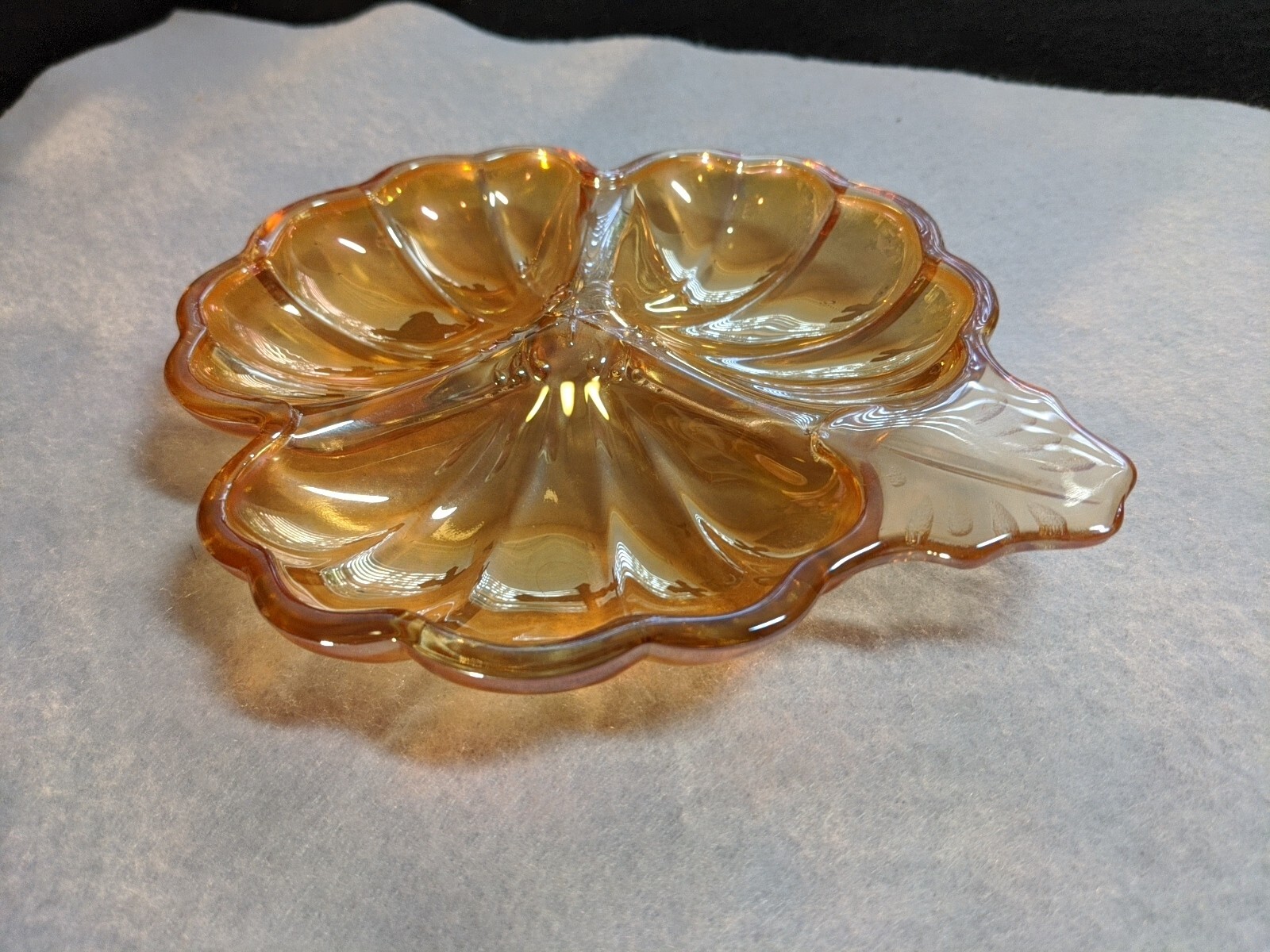 Vintage Amber Marigold Carnival Glass 3 Section Flower Leaf Candy Nut Dish