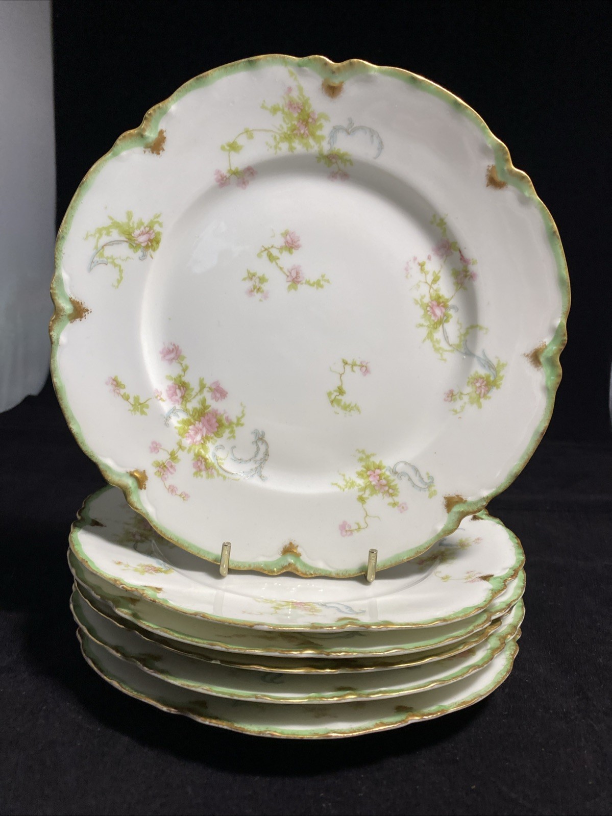 Haviland Schleiger 57H 6 Bread Plates 6 1/8″ Limoges Pink Roses Blue Ribbons @2
