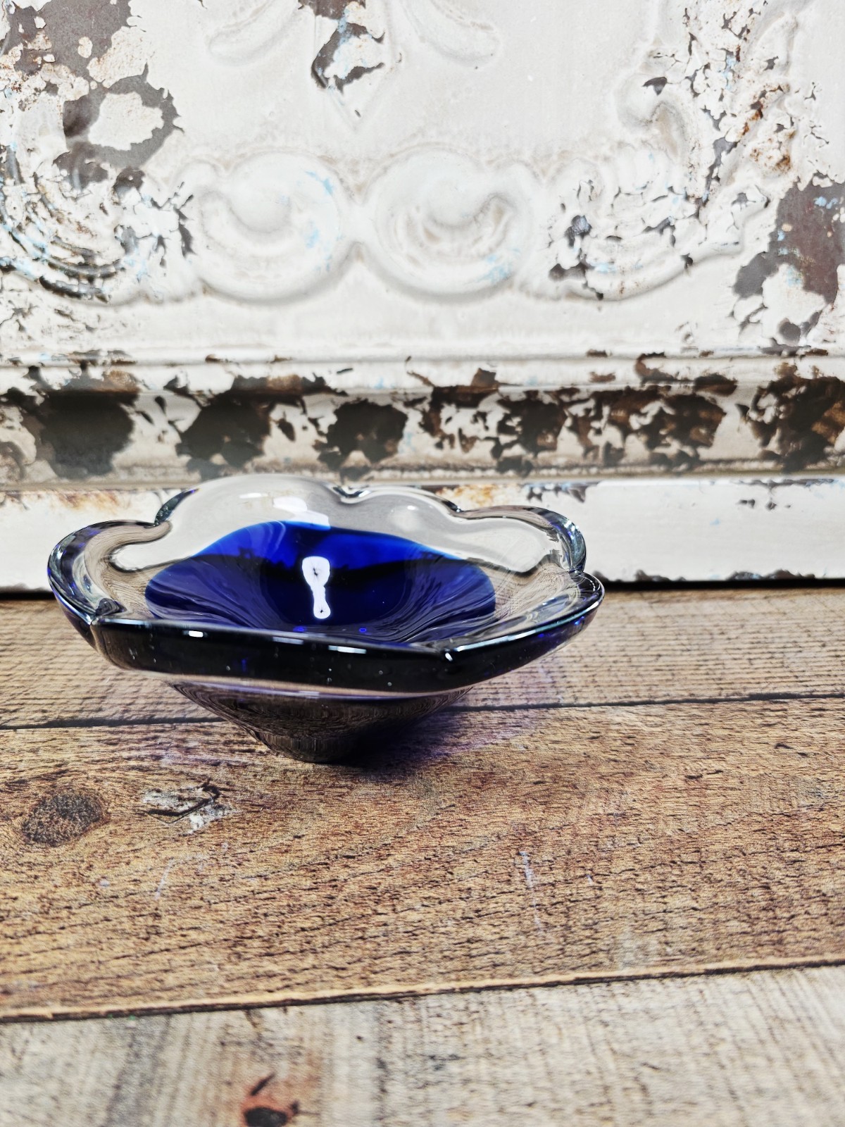 VTG Scandinavian Cobalt & Clear Candy Dish, 2″ Tall X 6″ Diameter