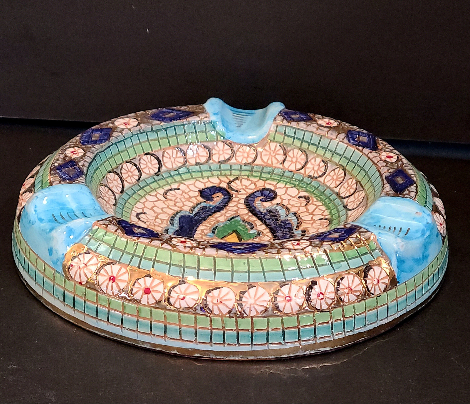 VTG Taormina Ashtray Majolica Mosaic Style Green Blue Gold EUC Rare Find-Italy