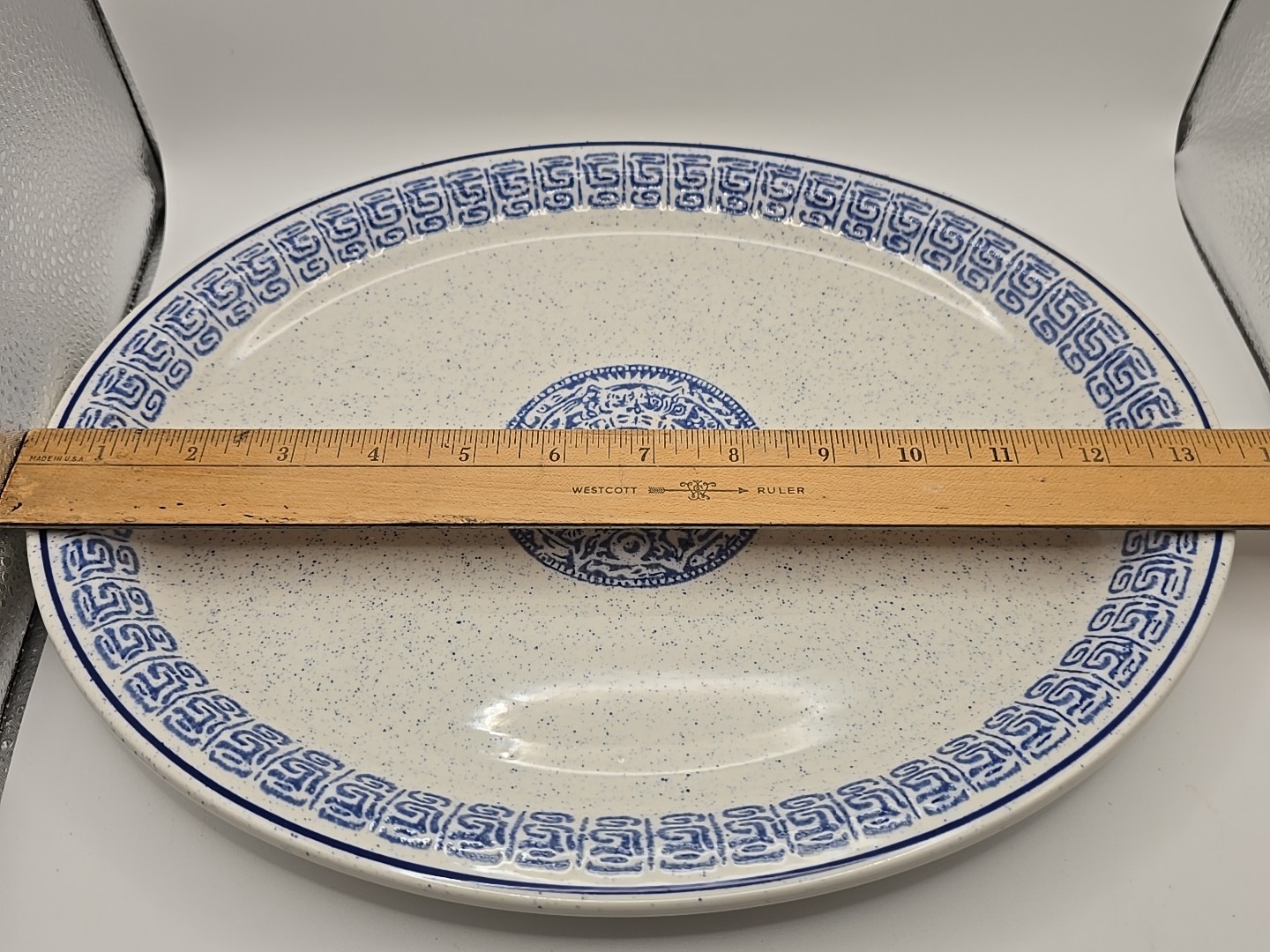Vintage Buffalo Ceramic Blue & White Heavy Oval Serving Platter 13.5 X 10.5 In