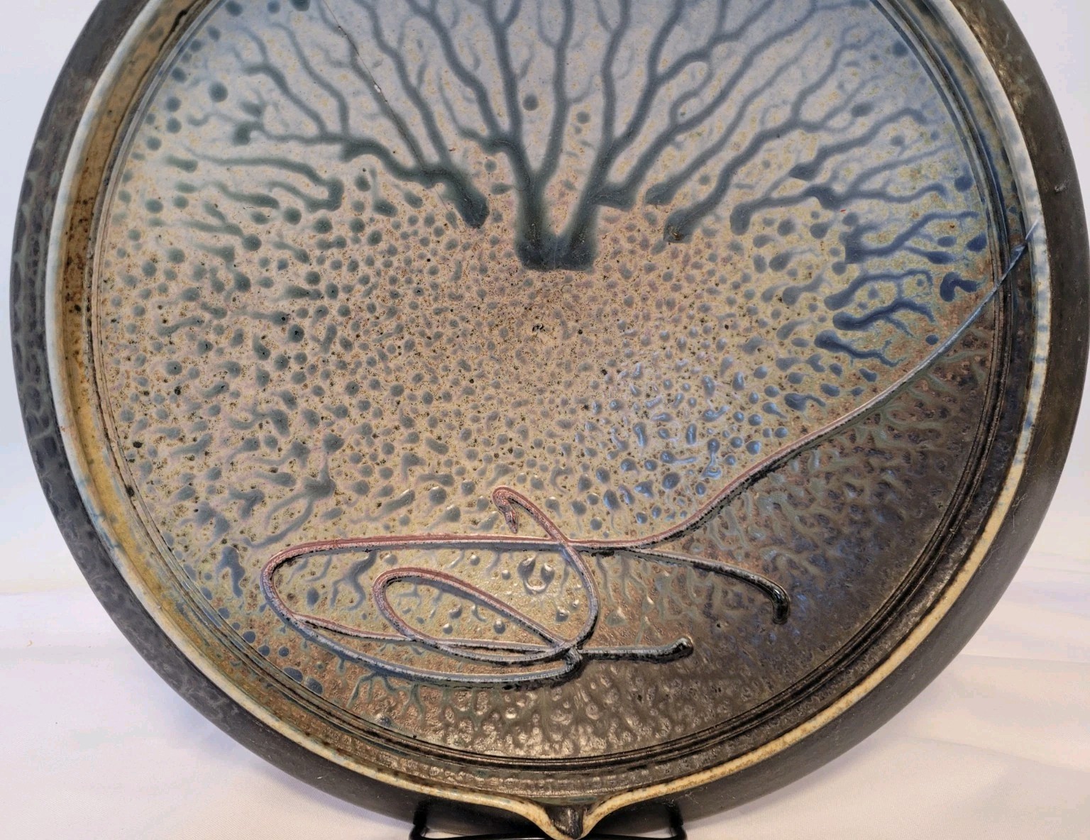 Signed Richard Aerni 1992 Glazed Stoneware Pottery Bowl 13.5″ Diameter, Crack