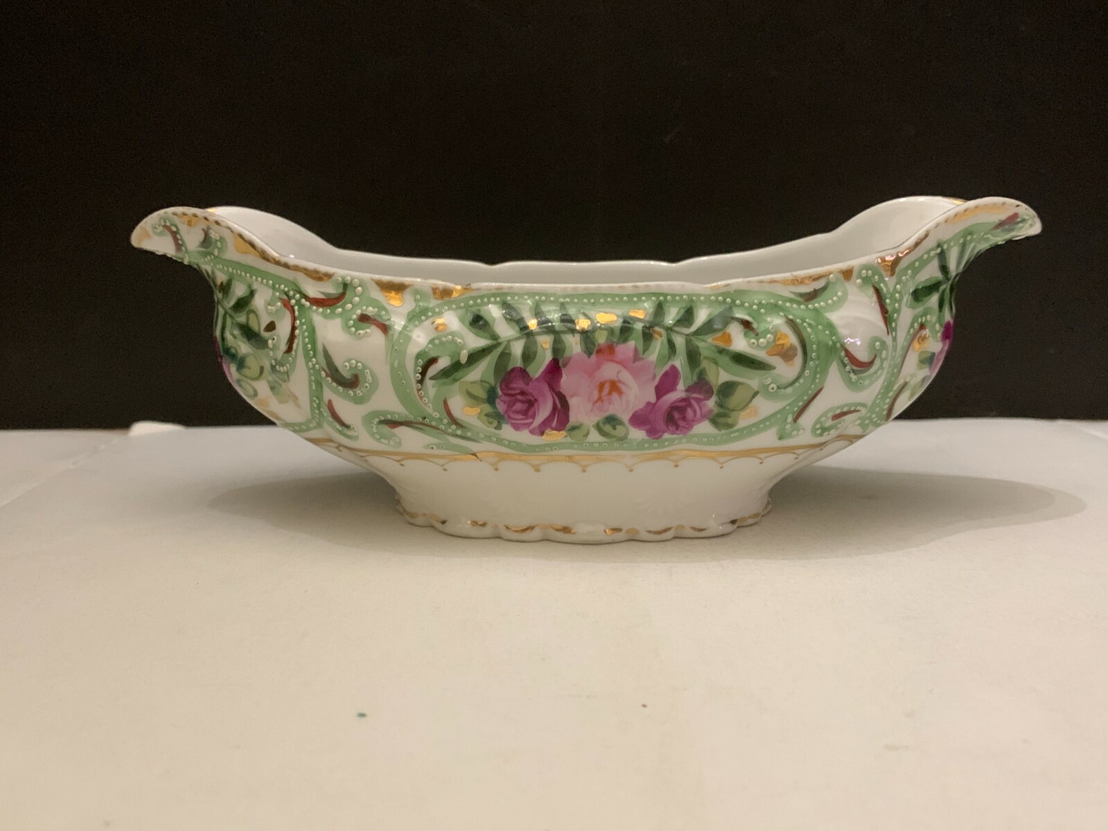 Antique c.1920’s Beaded Porcelain Rose Double Spout Sauce Boat