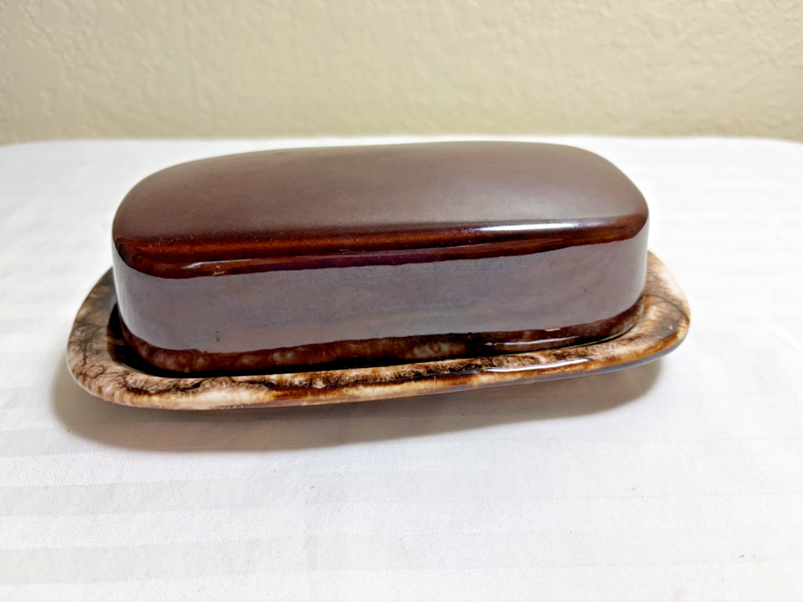 Vintage Brown Drip Glaze Ceramic Covered Butter Dish