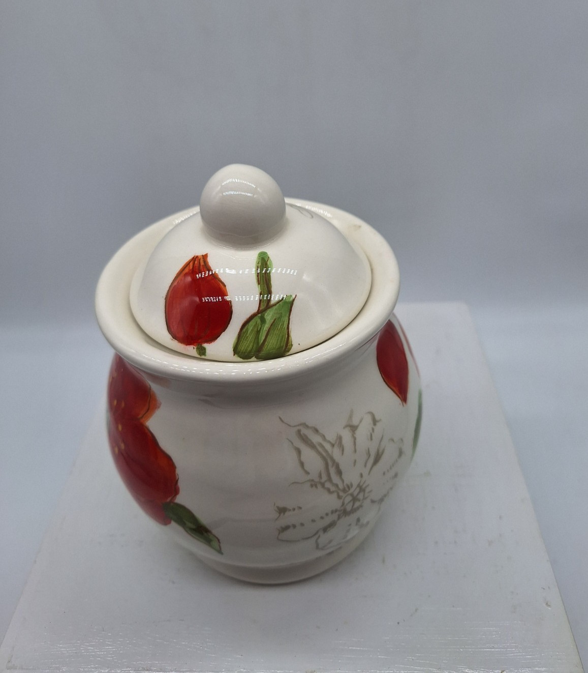 Maxcera Red Poppy Sugar Bowl with Lid Pottery Retired 5 1/2 inches