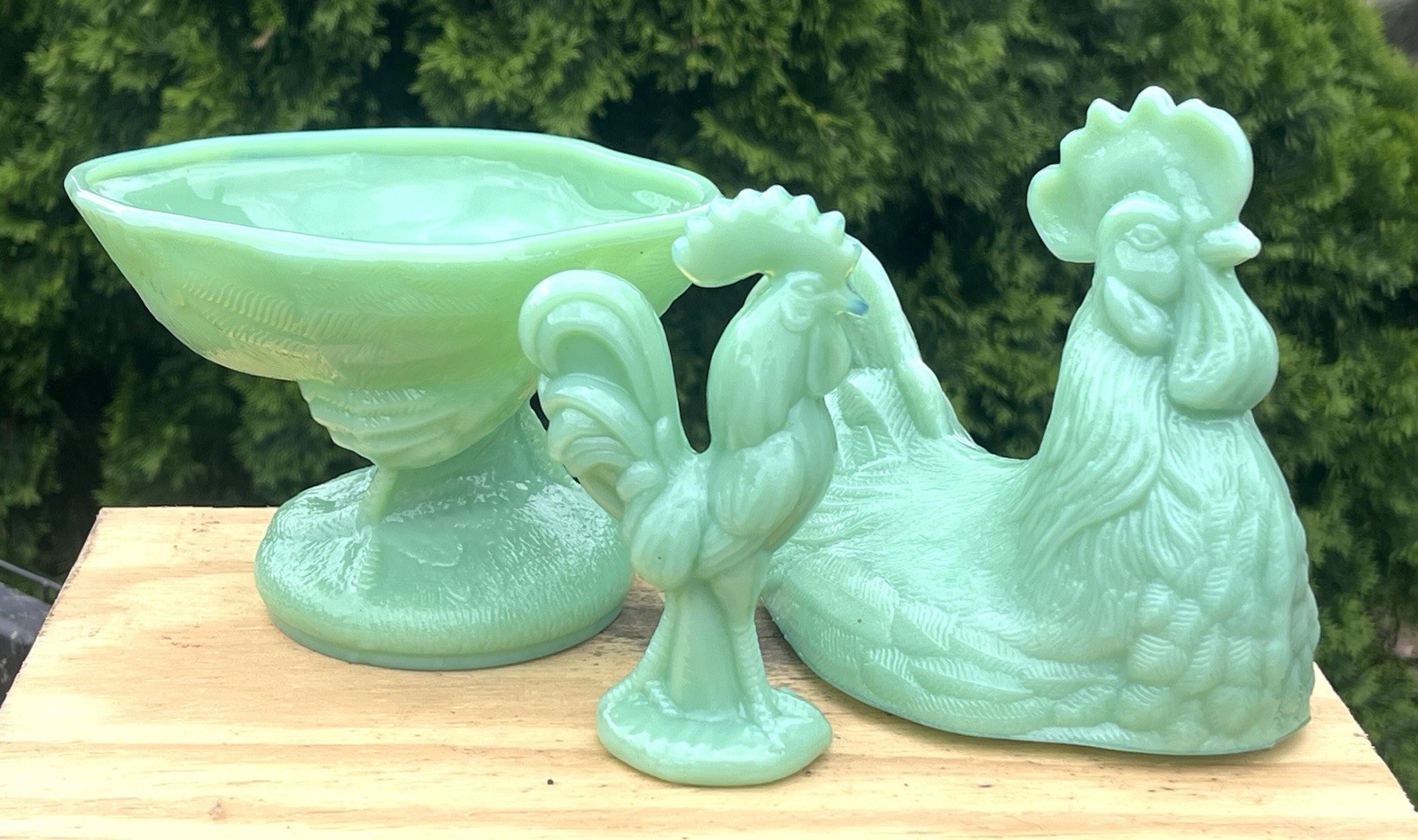Large Jadeite GLASS Rooster Covered Dish on Pedestal & Small Jadeite Rooster