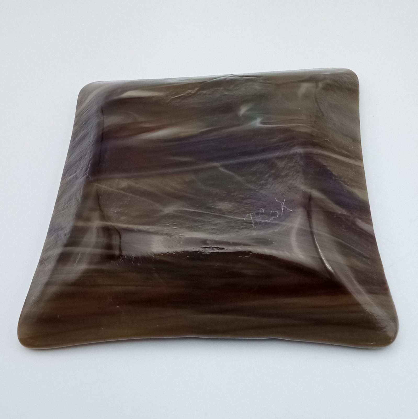 Dichroic Fused Glass Square Trinket Dish Brown Black Copper Abstract Signed
