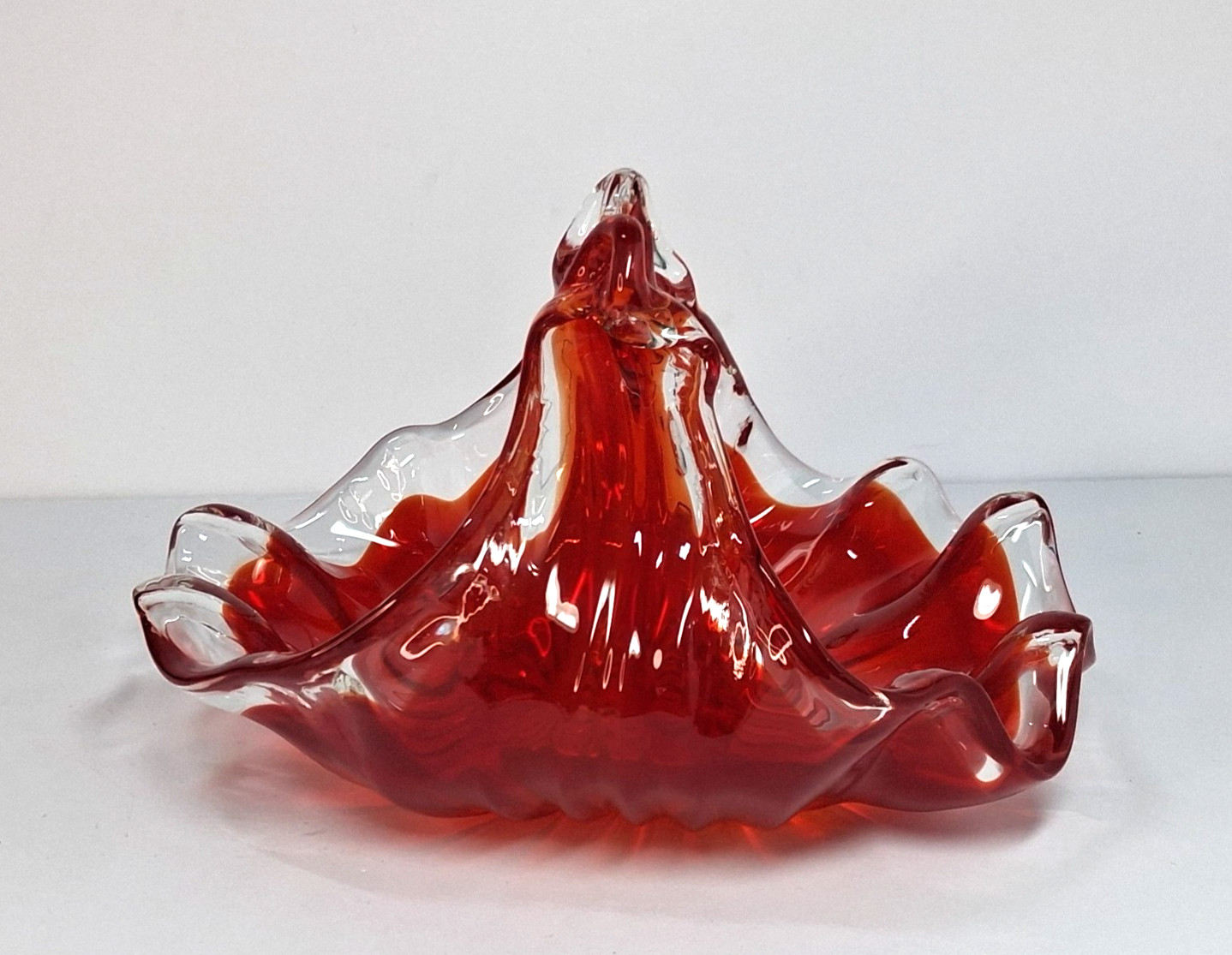 Vintage MCM Art Glass Free Form Handled Bon Bon Dish Red Persimmon Crystal Clear