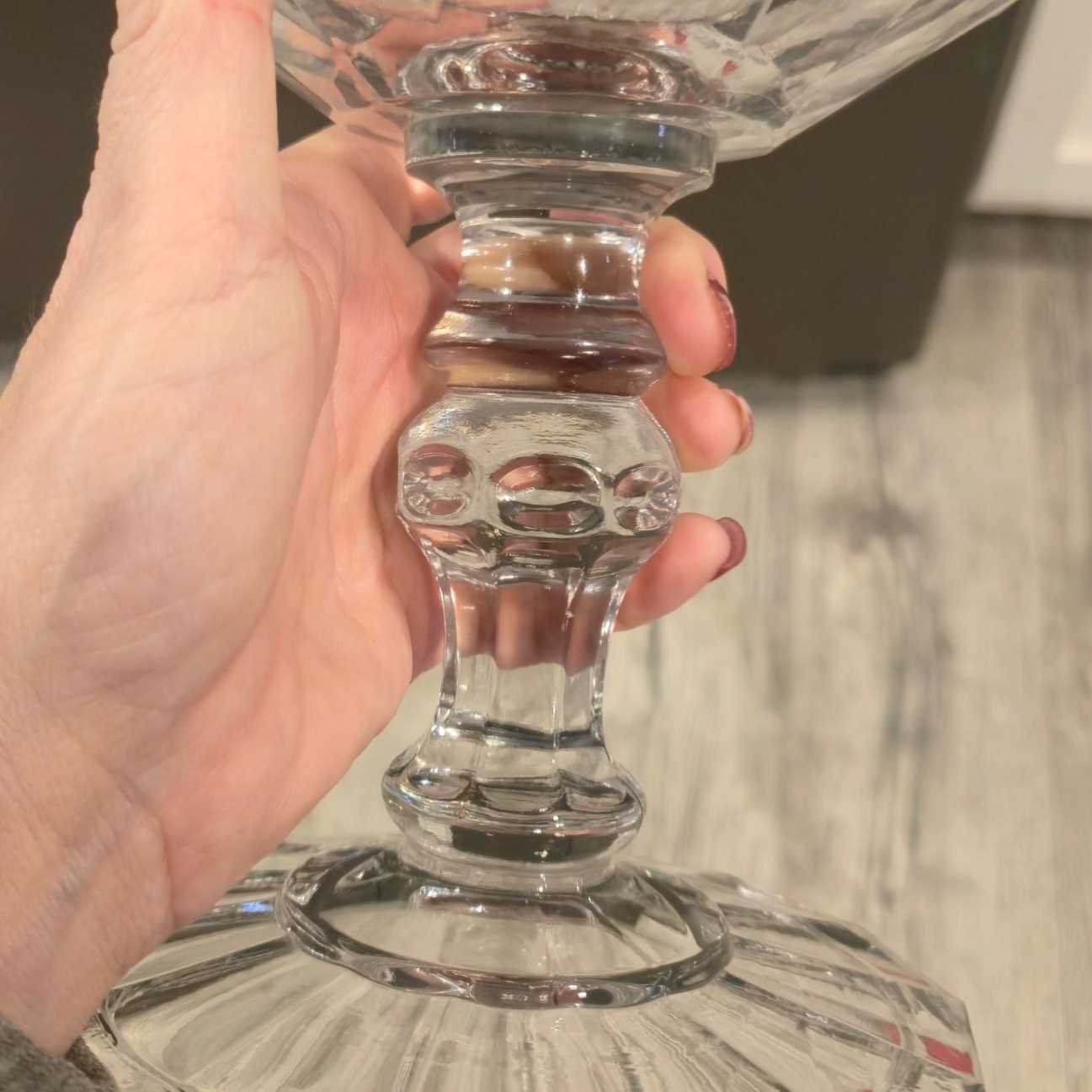Antique Etched Glass Pedestal Compote Scalloped Rim Elegant Glass Bowl leaves