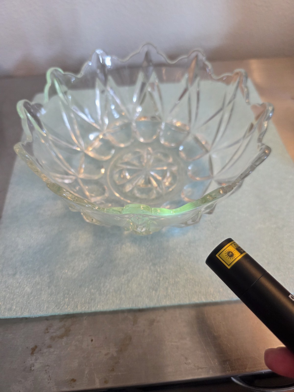 Uranium Pressed Glass Round Bowl Scalloped Rim 8 in Diameter
