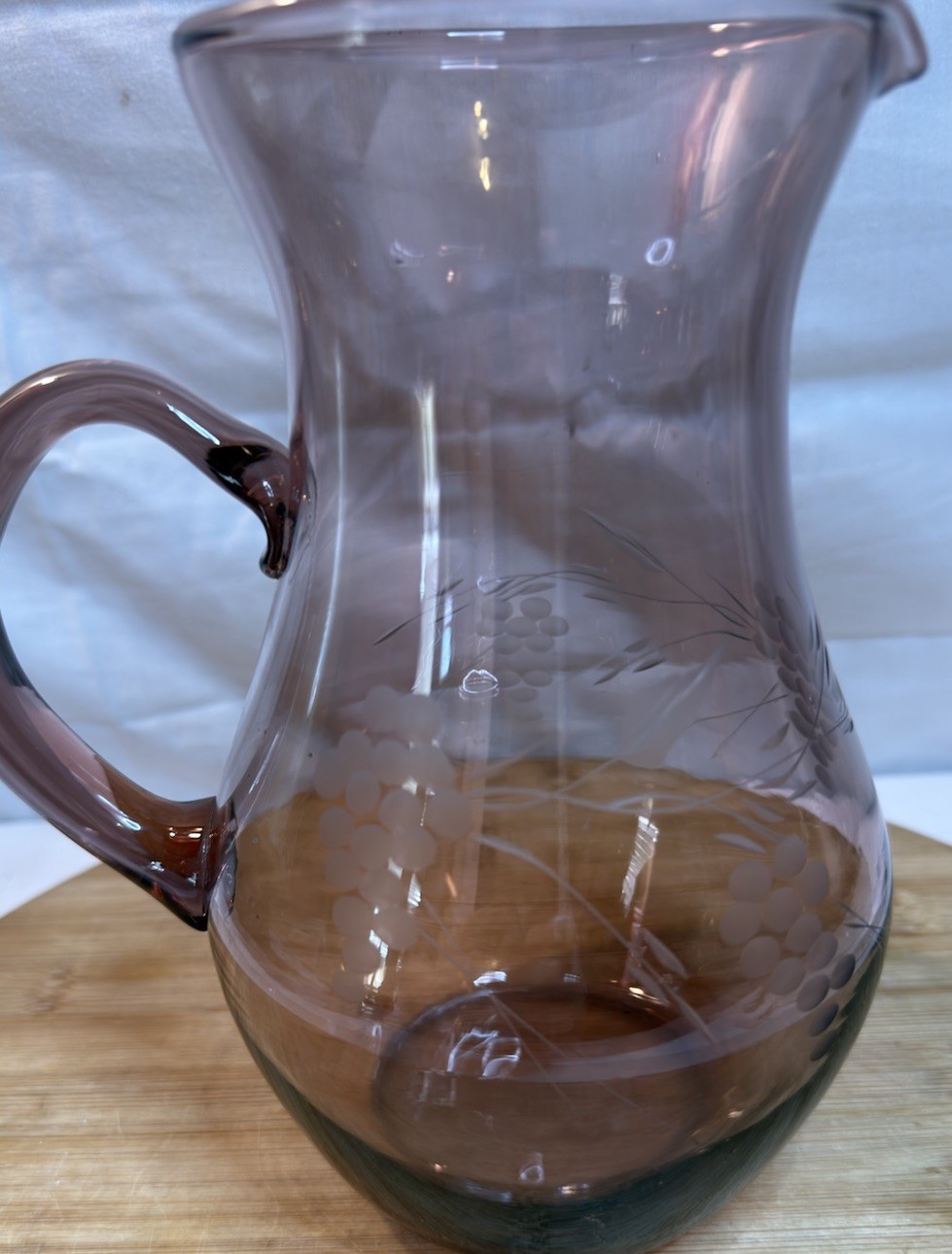 Vintage Amethyst Etched Grape Vine Glass Pitcher Applied Handle 8.5”