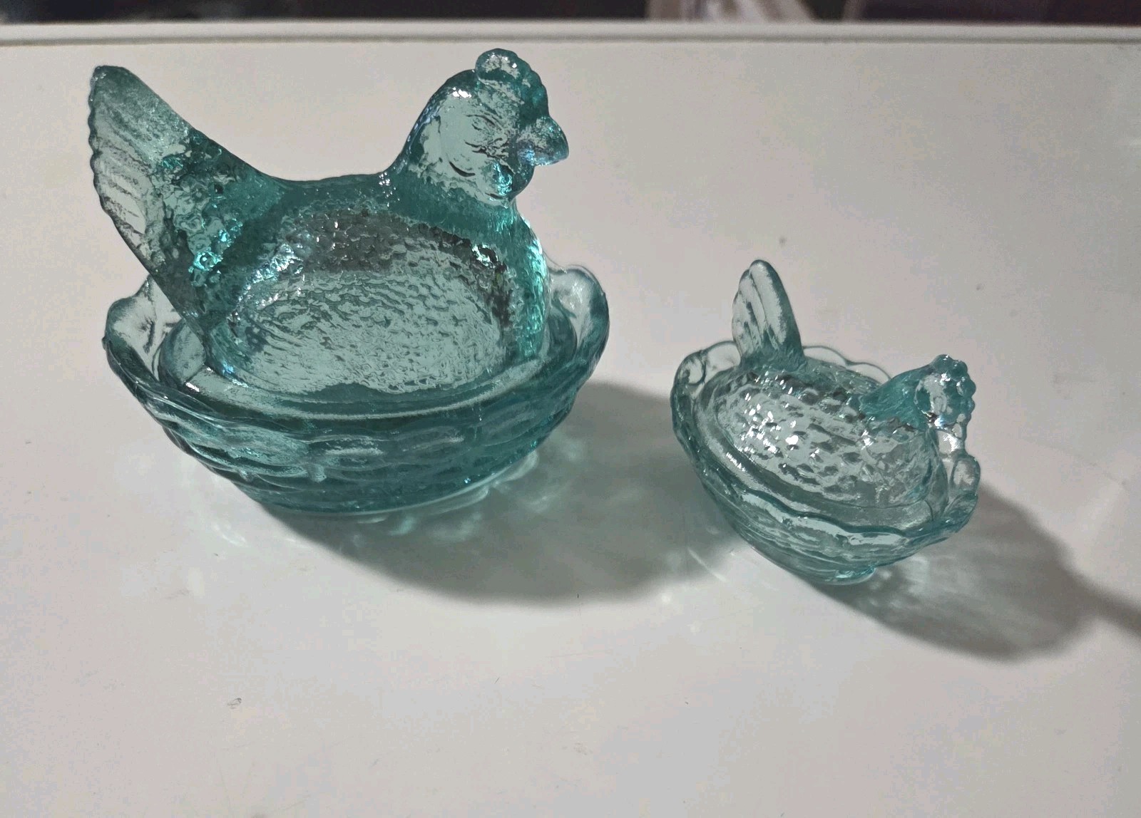 Mosser Glass~ NEW~Hen On Nest Salt Cellar & Trinket Dish~ TEAL Glass~GLOWS