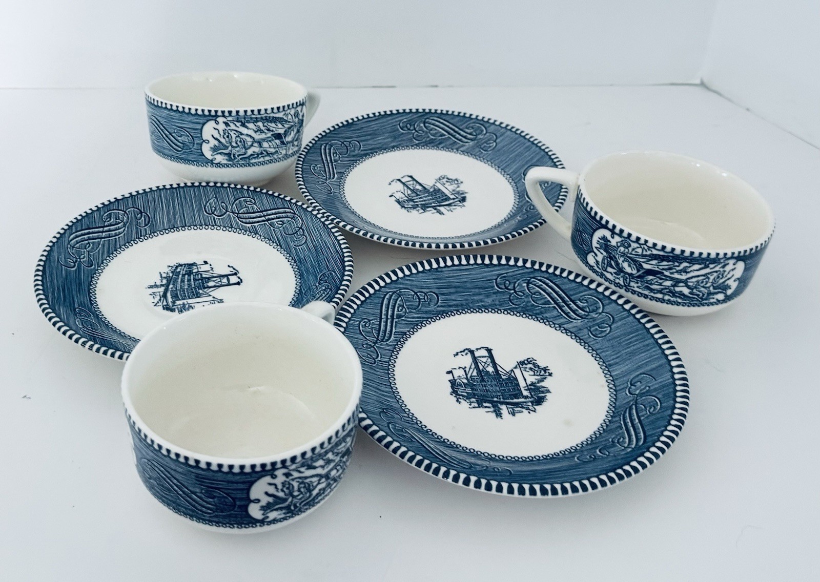 Currier & Ives Blue Royal China Coffee Tea Flat Cups With Saucers Lot of 2 Sets