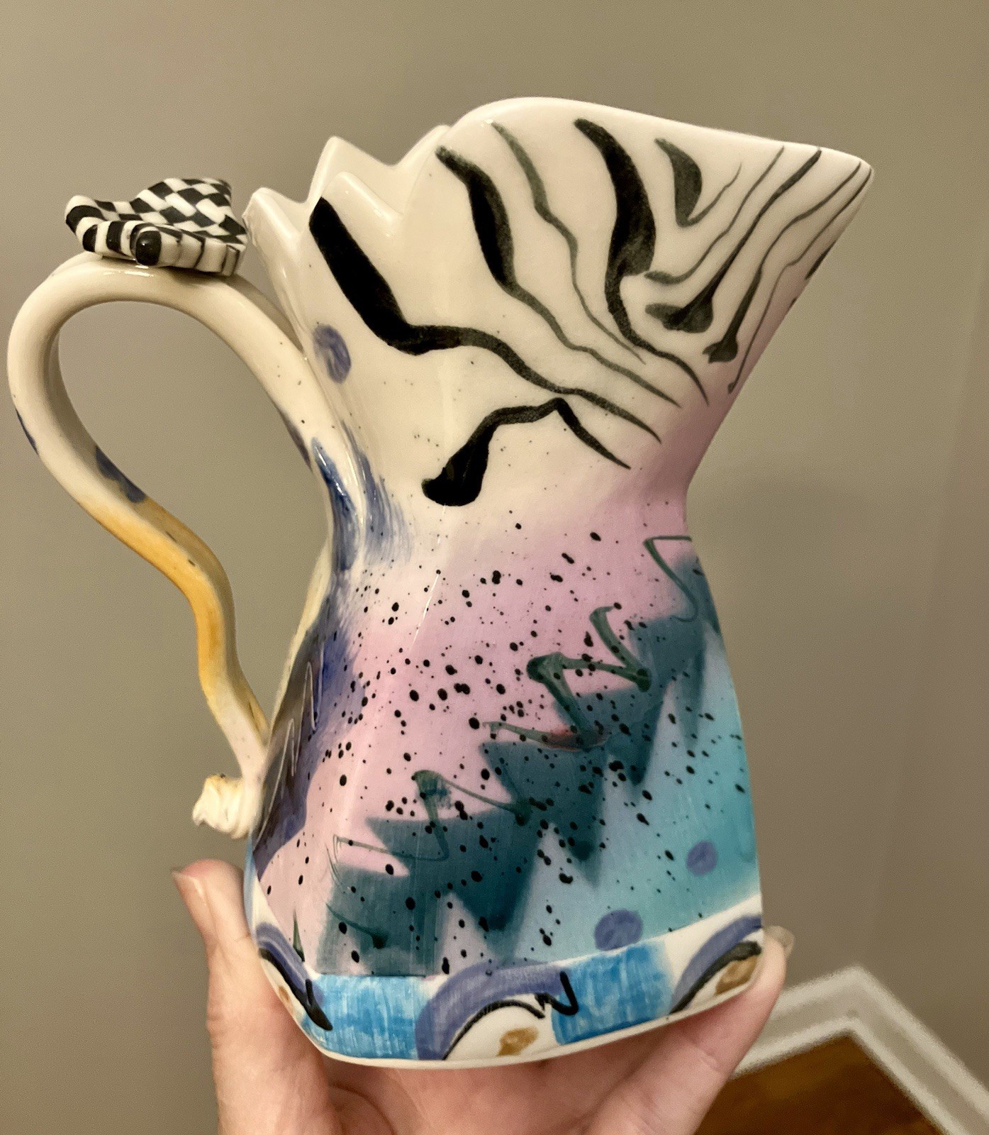 Caroline 1994 Signed Hand Painted Studio Art Pottery Pitcher Vase Postmodern