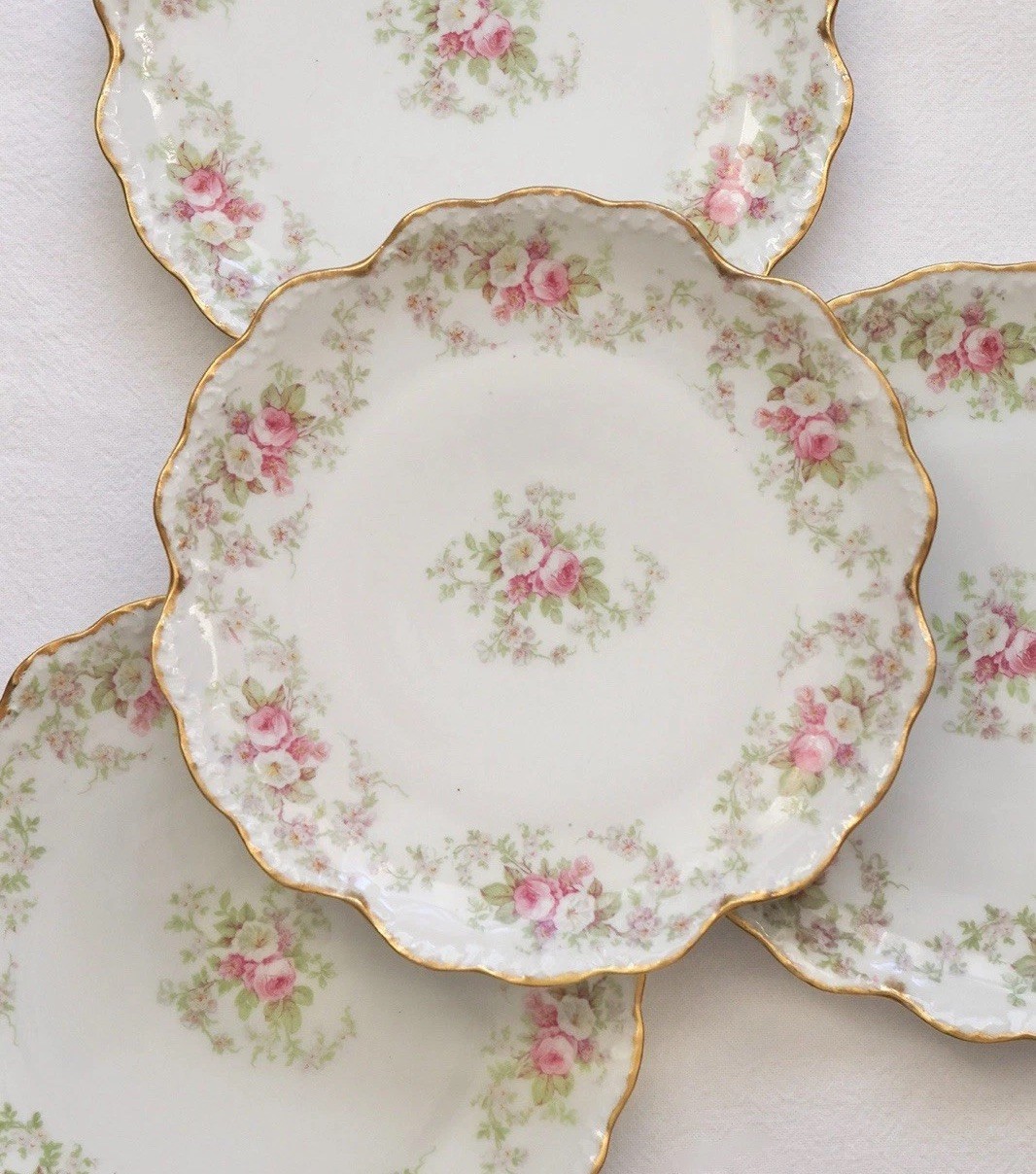 Set of 4 VTG Elite Limoges Plates France Pink White Porcelain Gold Trim 8.25”