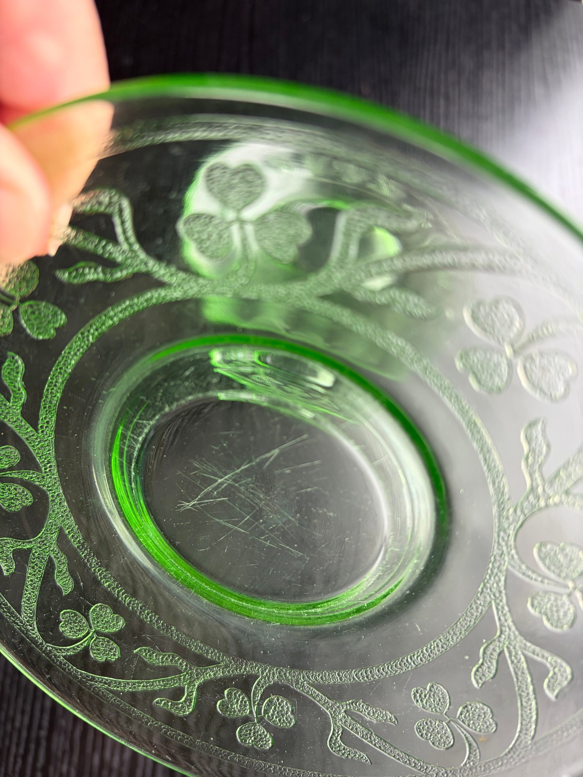 5.75″ Uranium glass plates with floral pattern, set of 2